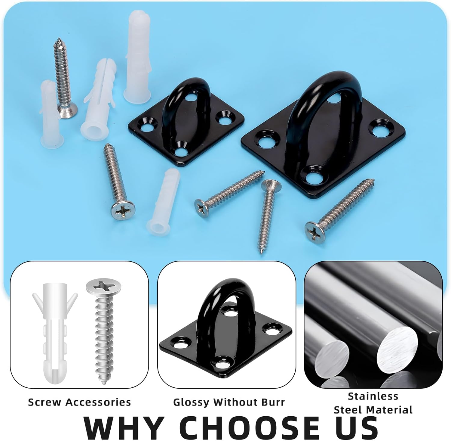 Glarks 36Pcs M8 Stainless Steel Pad Eye Plate Hook Kit, Square Eye Plate U Hooks Heavy Duty Ceiling Hooks and Carabiner Clips Snap Hook for Ceiling and Mounting Hanging Hardware image number 4