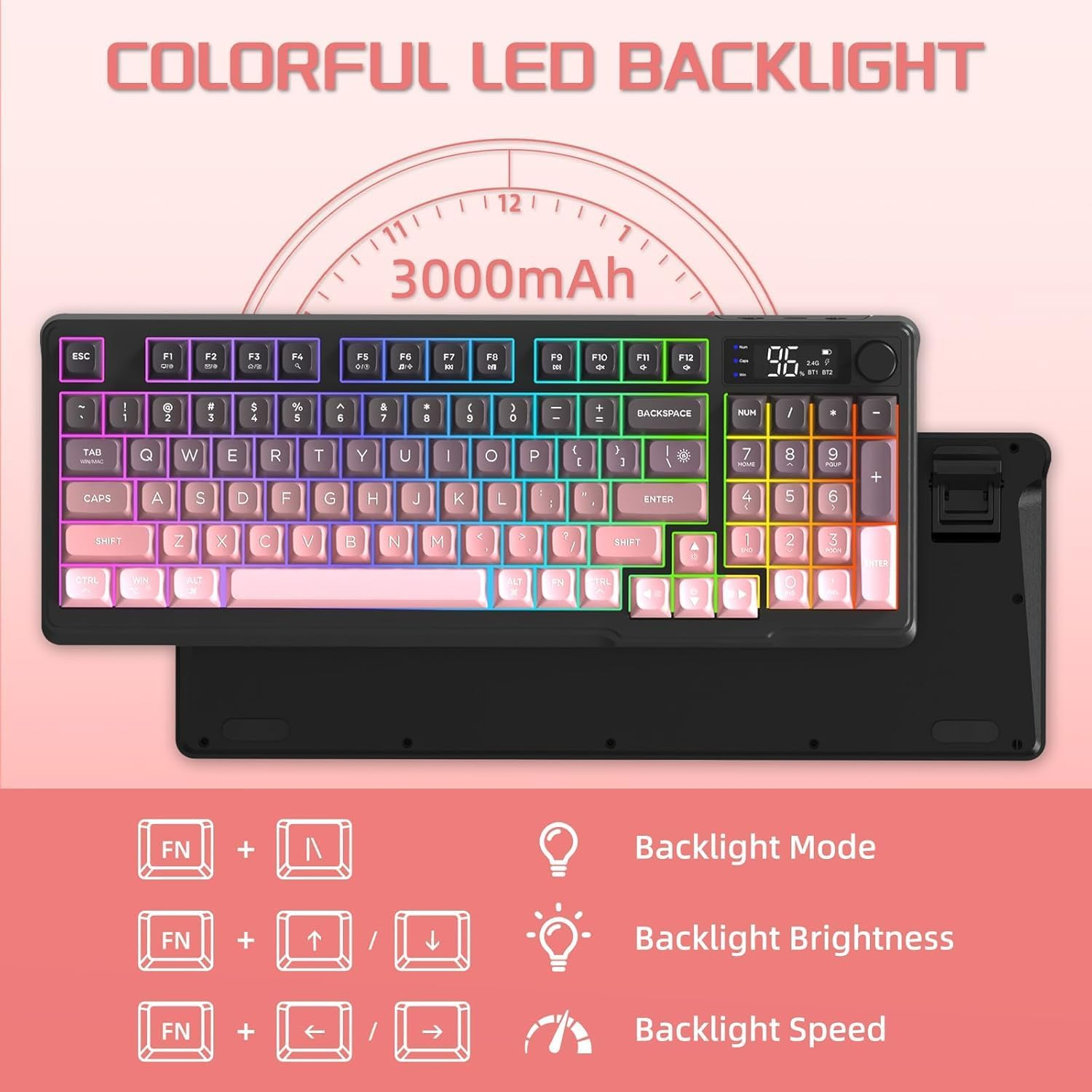 FREEWOLF M96 Wireless Gaming Keyboard Creamy Membrane with Rainbow Backlight,Media Knob,Lcd Screen,Dual Mode-Bluetooth/2.4Ghz,Ball Shape PBT Keycap 94 Key ANSI Layout for Win Mac PC Gamer(Blackberry)
