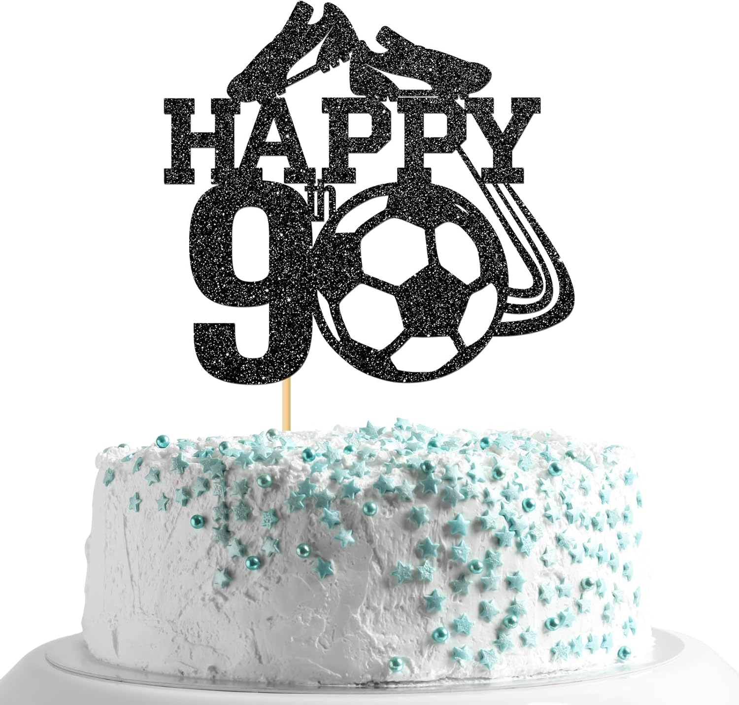 Monmon & Craft Soccer 9Th Birthday Cake Topper/Sport Theme Soccer Ball Cake Docer/Soccer Player Boy 9Th Birthday Party Decorations - Black Glitter image number 3