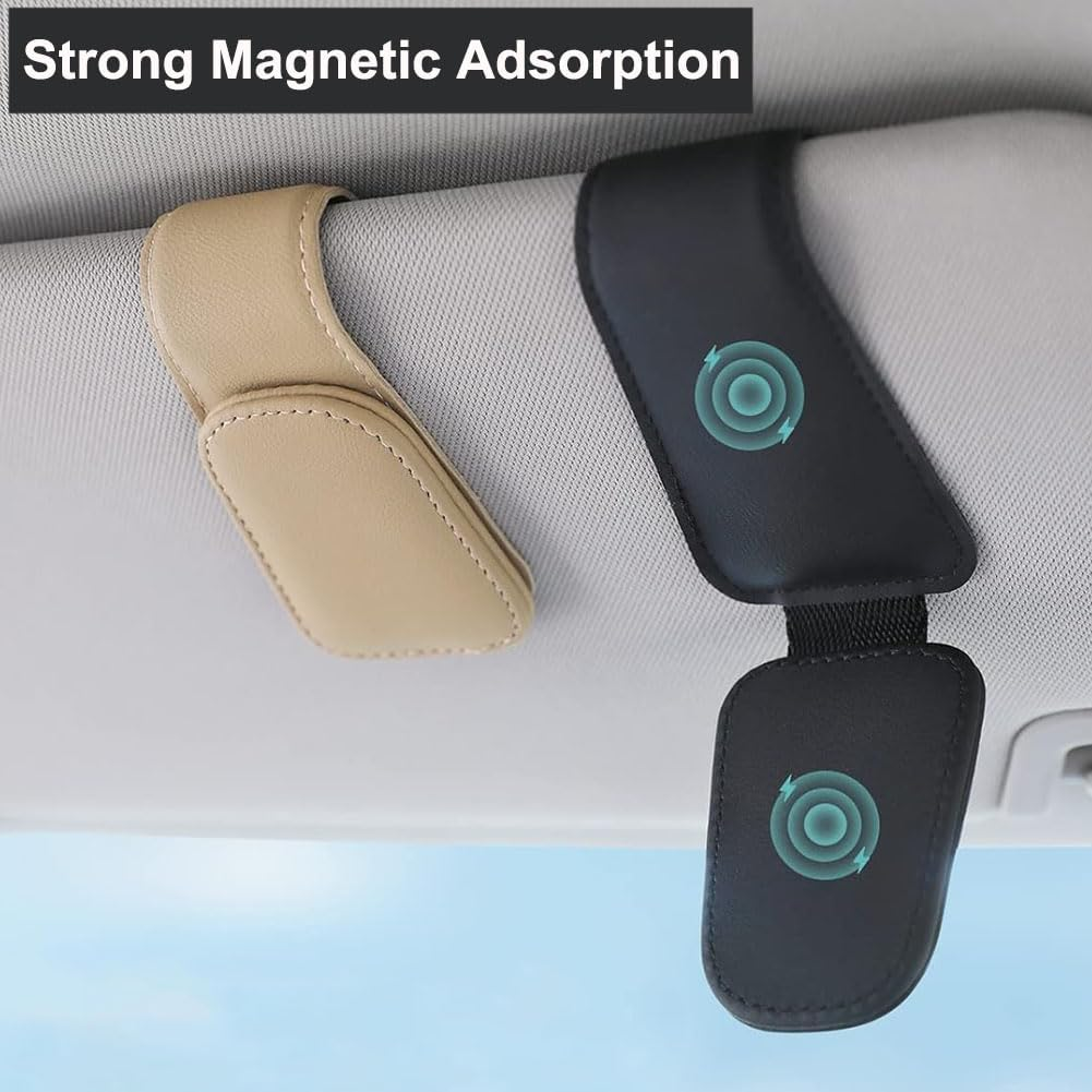 Reelau 2 Pack Sunglasses Holders for Car Sun Visor, Magnetic Leather Glasses Eyeglass Hanger Clip for Car, Ticket Card Clip, Car Visor Accessories (Black) image number 5