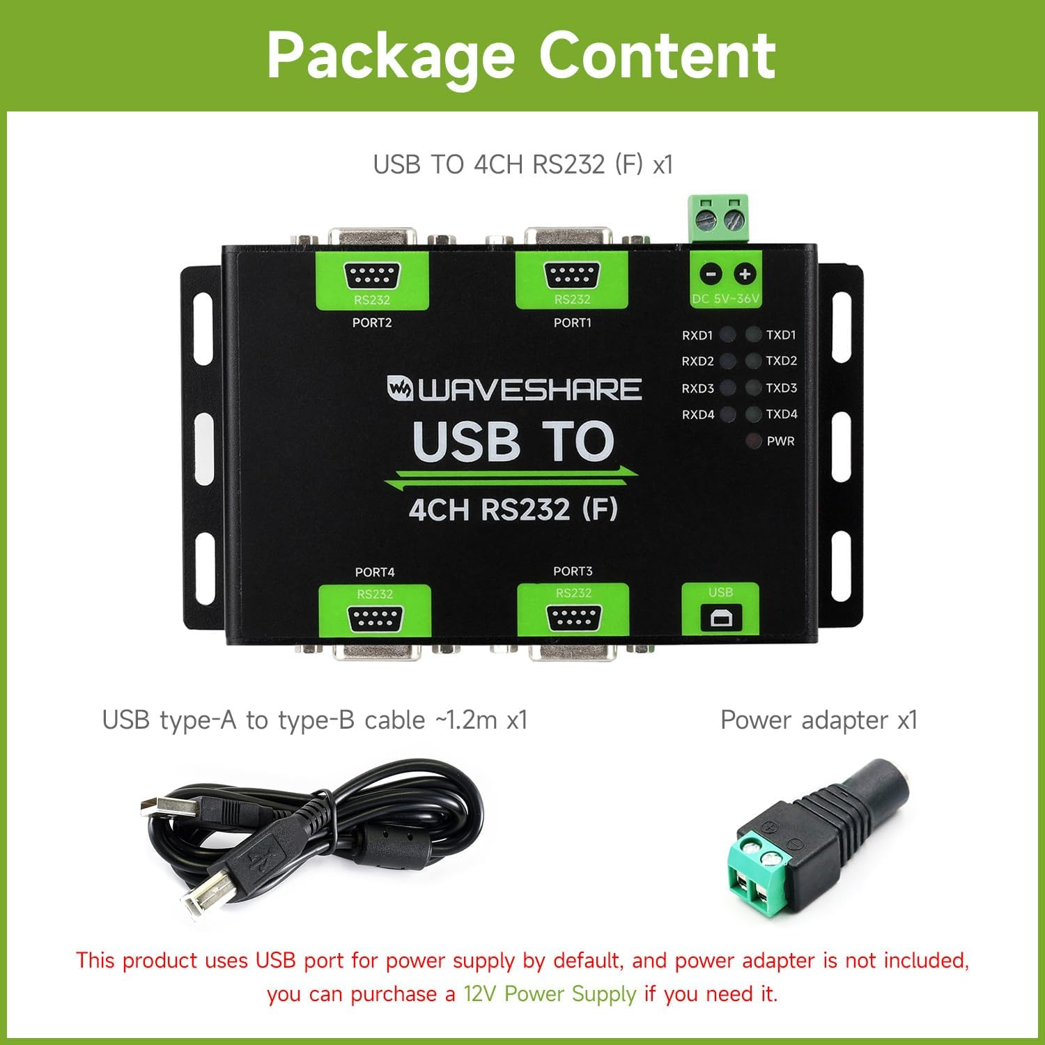 Waveshare Industrial Isolated USB to 4CH RS232 Converter (DB9 Female Interface), Adopts Original FT4232HL Chip, Features High-Speed&Stable Communication, Compatible with Mac/Linux/Android/Windows... image number 5