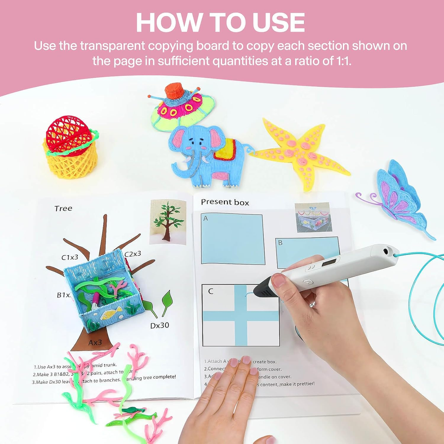 3D Pen Printing Drawing Book, Reusable Colorful Thick Paper Template with a Temperature Resistant Transparent Board, 40 Original Patterns Painting Graffiti Copy Book for Kids DIY Gift image number 2