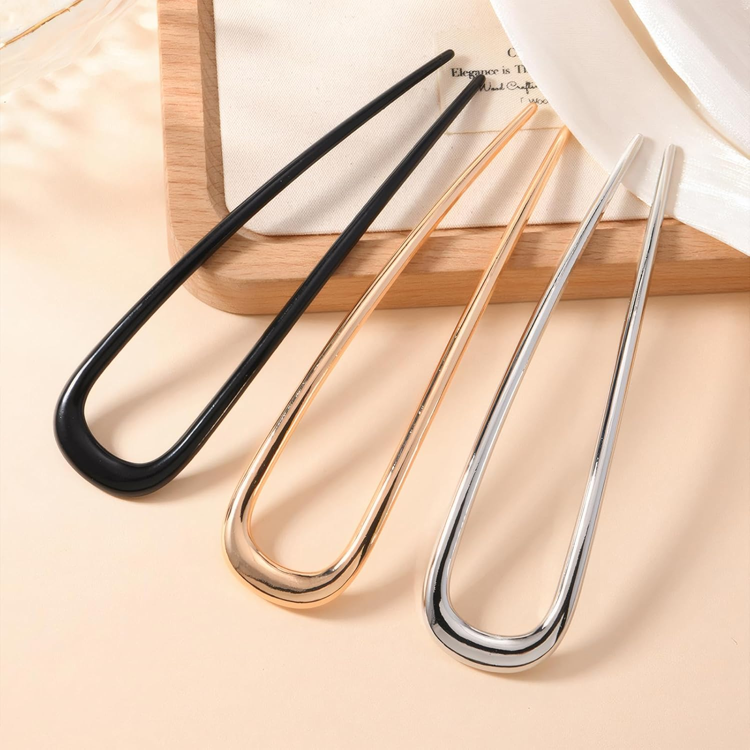 Huotflame U-Shaped Hair Pins Set of 3 - Metal Hair Pins in Gold, Silver, Black - Non-Slip Bun Clips for Women with Thick Hair, Elegant Hair Clips for French Twist image number 4