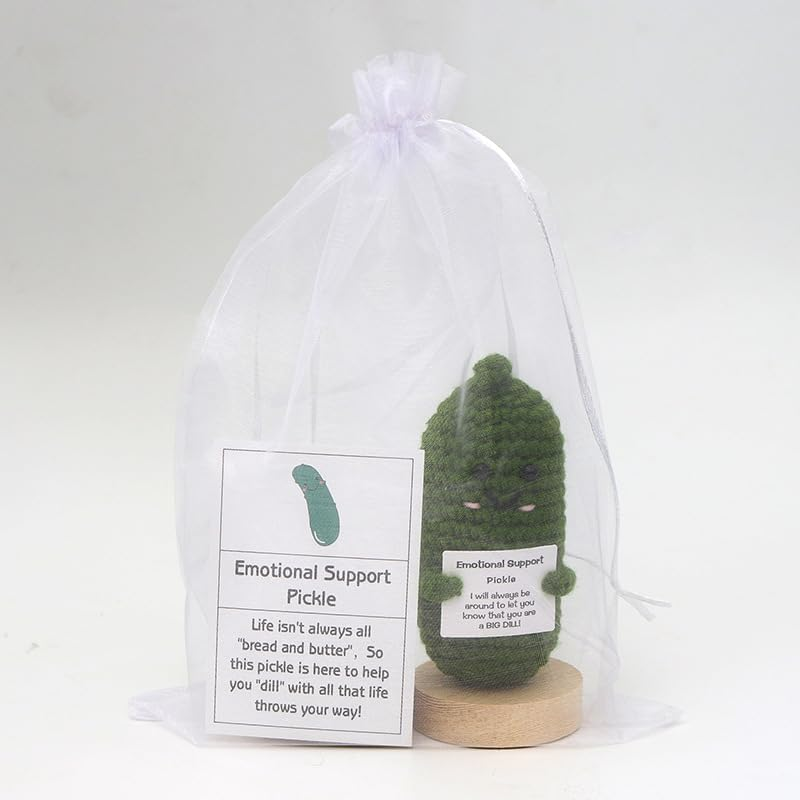 Weforu Emotional Support Pickle, Handmade Pickled Cucumber Gift with Stand,Positive Card and Organza Bag. Cute Wool Inspirational Pickle Crochet Doll Plush for Friends Party Christmas image number 2
