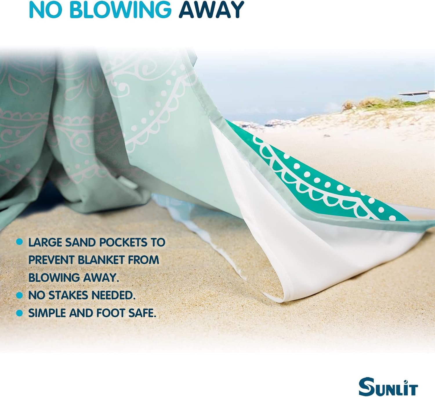 Sunlit 10'X9' Extra Large Boho Sand Proof Beach Blanket, Sand Proof Mat with Corner Pockets and Mesh Bag for Beach Party, Travel, Camping and Outdoor Music Festival, Bright Turquoise Mandala image number 4