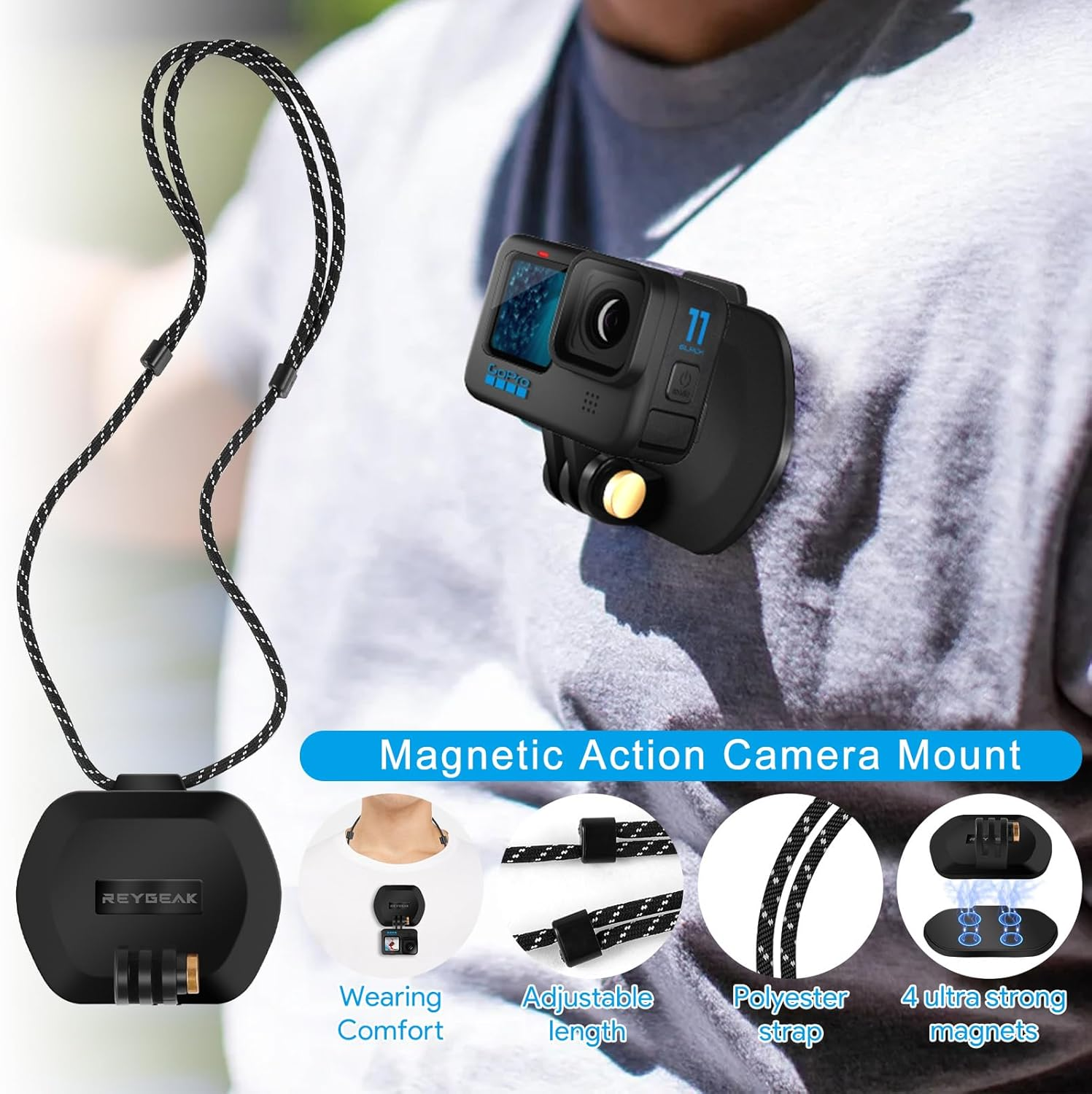 REYGEAK Magnetic Action Camera Mount for Gopro, Adjustable Magnetic Mount Magnetic Chest Mount Compatible with Gopro Hero 11 Black Hero 10/9/8/7/6,DJI Osmo Action 3 image number 4