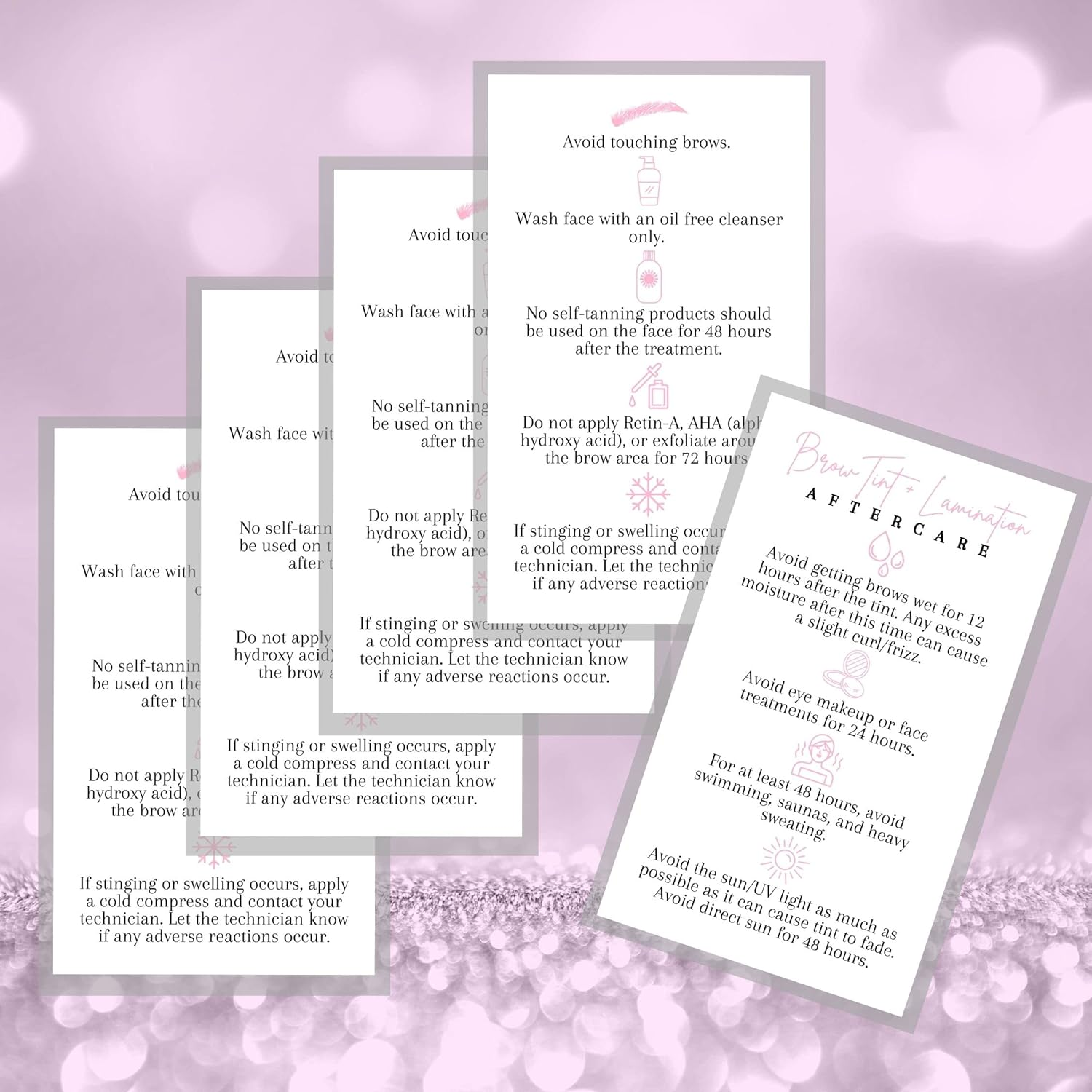 Brow Tint and Lamination Aftercare Instruction Cards | 50 Pack | Pink Minimalist Simple for Kit Henna Client Cards Eyebrow Kit Handout with Intake Forms Business Card 2X3.5&rdquo; Each image number 4
