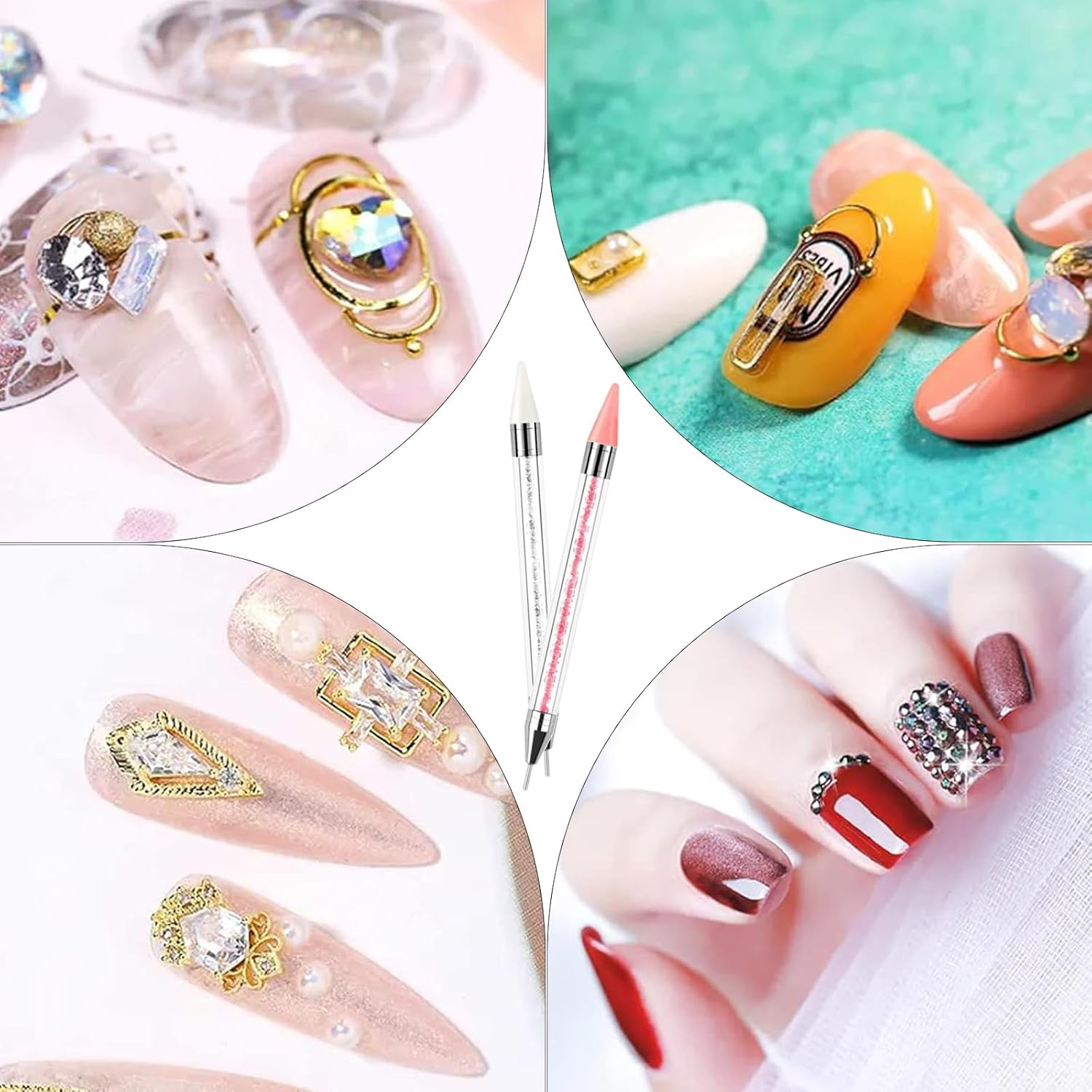 Luojinluoda Rhinestone Picker Tool 2 Acrylic Handle Bedazzler Kit - Dual-Ended Nail Art Tools with 4 Wax Tips & 1 Tweezer, DIY Nail Accessories for Rhinestones Application​