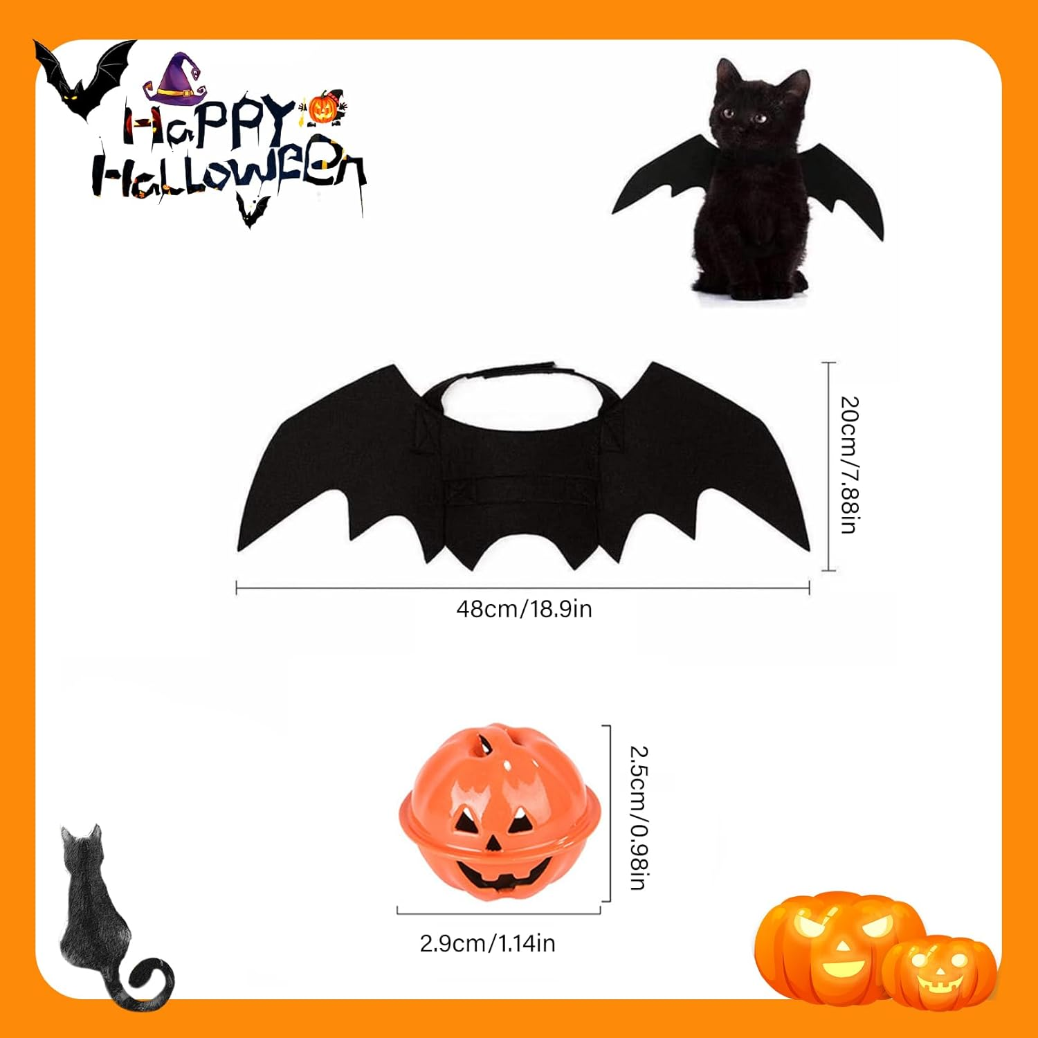Cat Halloween Costume Dog Bat Wings, Halloween Cat Costume Pet, Includes Bat Wings Dog and Pumpkin Bells, for Pet Halloween Party, Cosplay for Pets (M) image number 2