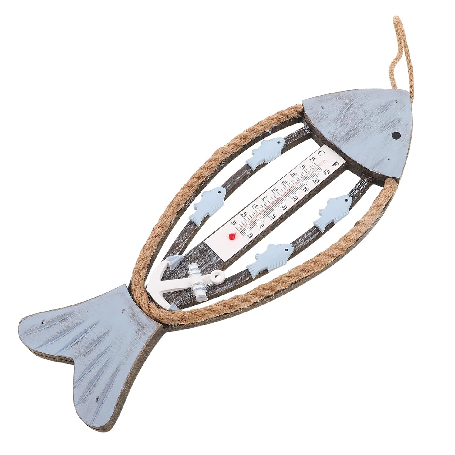 COHEALI Coastal Wooden Fish Bone Thermometer Rustic Mediterranean Style Porch Temperature Gauge Garden Wall Art Decoration for Home and Hotel image number 2