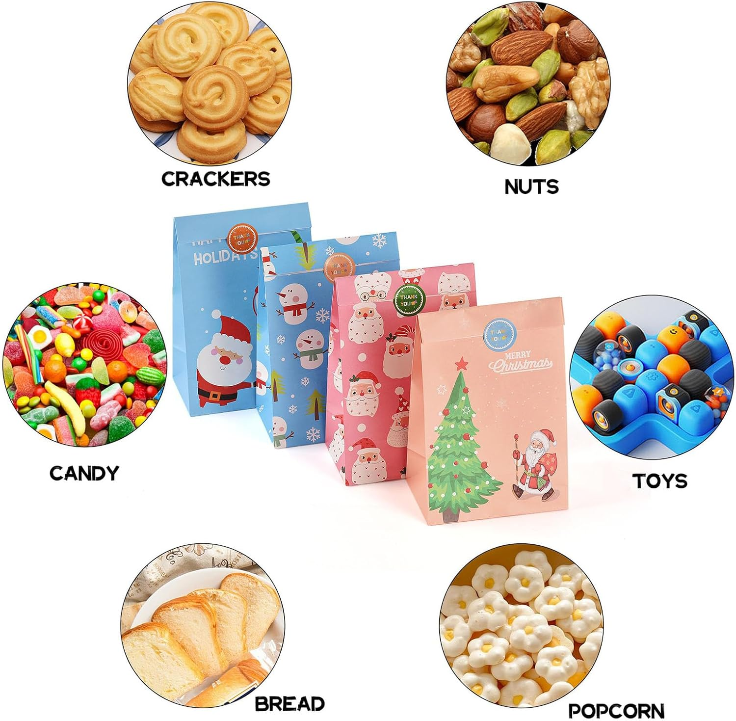 24 Pack Christmas Paper Gift Bags with 30 round Seal Stickers, Paper Party Bags, 9 Inch Christmas Snack Bag for Christmas Party Supplies,Holiday Gifts. image number 2