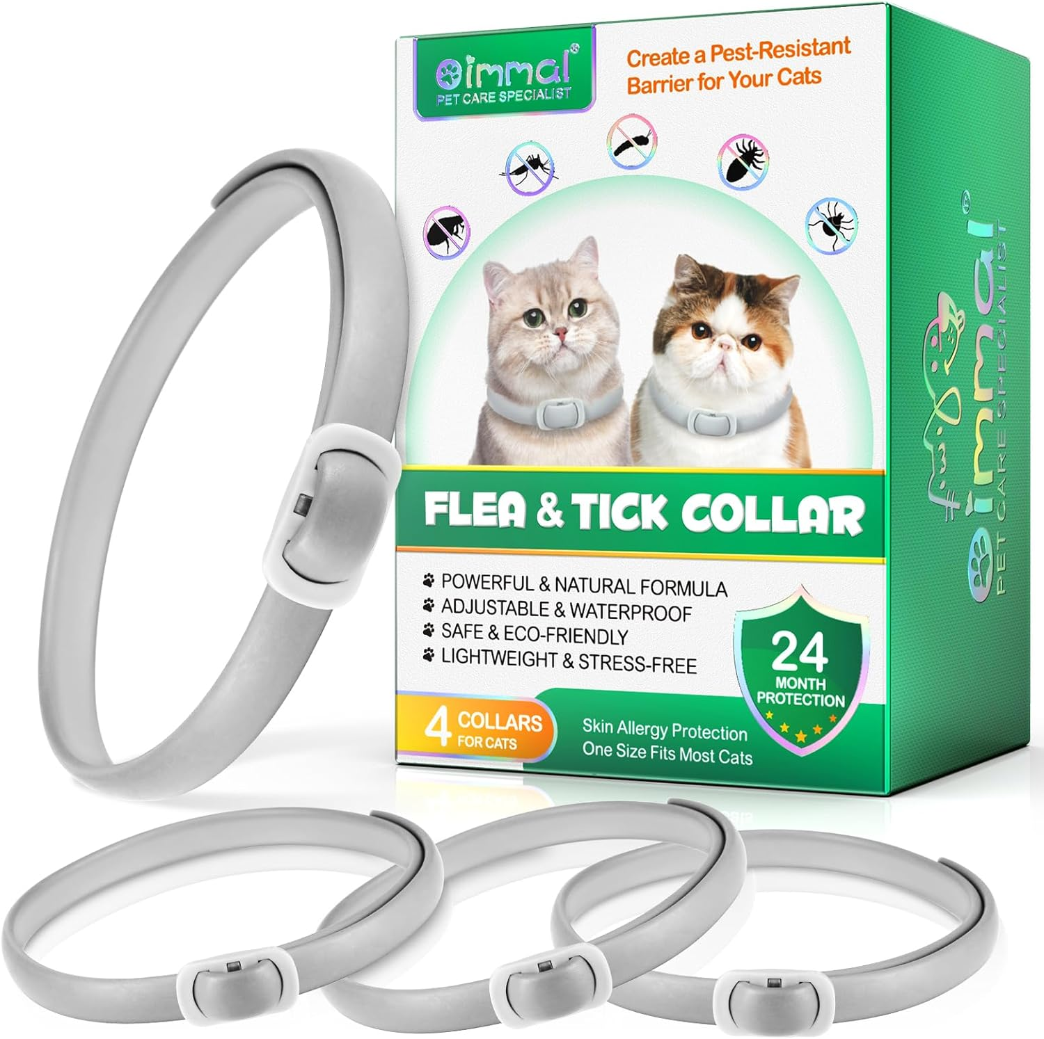 NP- Cat Flea and Tick Collar | 24-Month Flea & Tick Prevention | Adjustable, Water-Resistant & Safe | Natural Ingredients | for Cats of | 4-Pack (Yellow and Green, Normal)