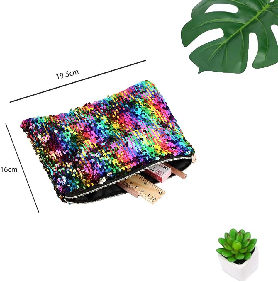 Double-Sided Glitter Pencil Case Reversible Sequin Zipper Pencil Pouch for Cosmetic Makeup Holder Large Capacity with Glitters Office Organizer Storage Makeup Bag for Students Girls (Plum Red+Silver) - Colorful+Silver image number 2