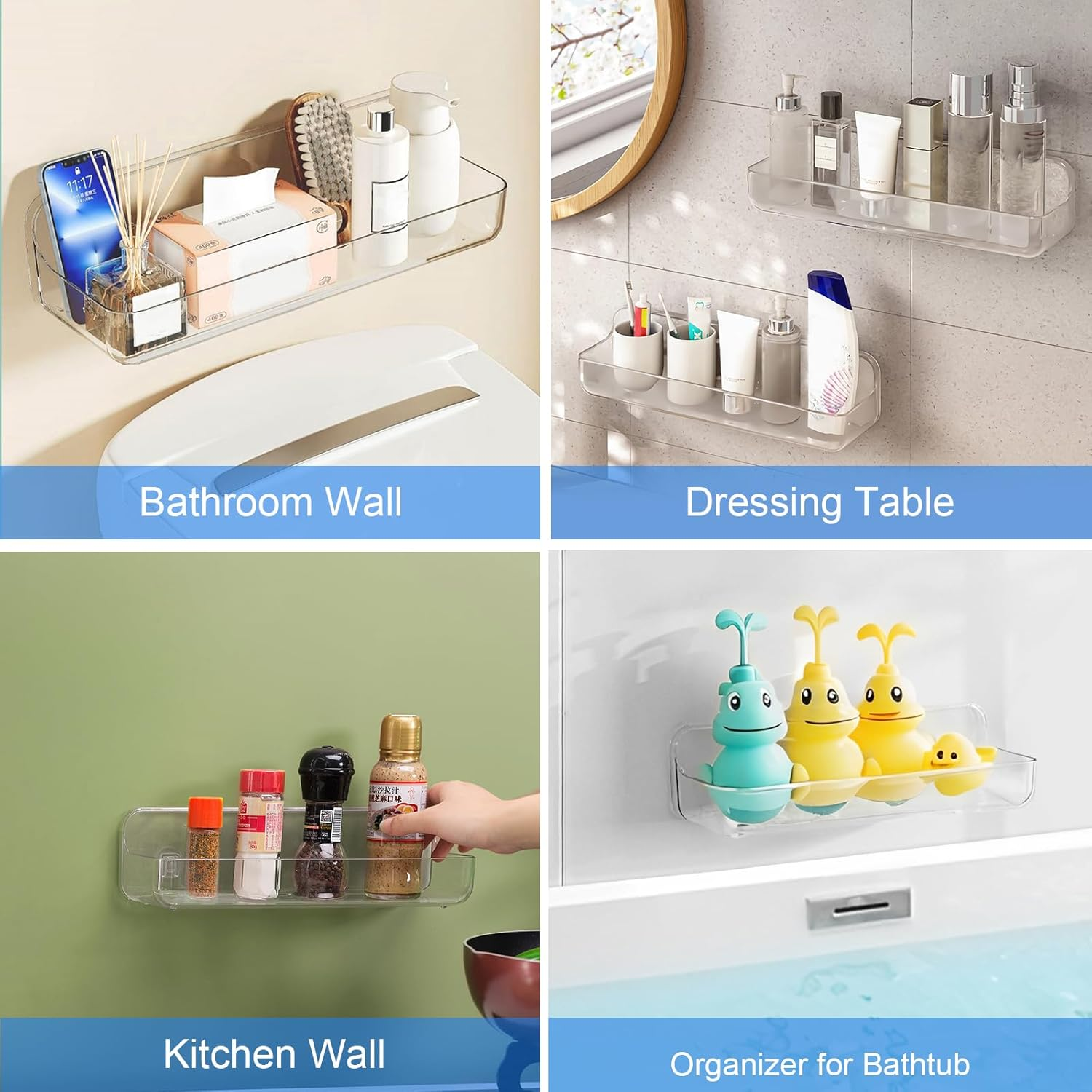 Diesisa Acrylic Wall Mounted Shower Caddy, Clear, 12.4" X 3.42" X 3.26" Acrylic Shelf, No Drilling Hang Walls Adhesive Shelf, Acrylic Bathroom Shelves with Self Adhesive Tape for Bathroom, Kitchen - Clear-Big Basket image number 2