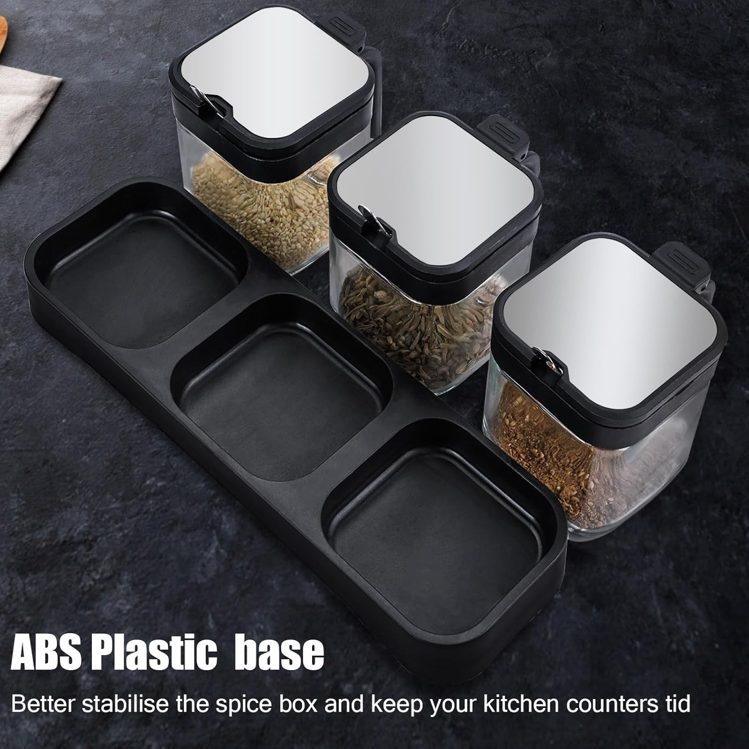 DIYJEP Pack of 3 Spice Shaker with Stainless Steel Spoon, Glass Square Spice Container with Lid and Base, Clear Sugar Bowl, Cereal Dispenser, Spice Jar for Flour, Kitchen, Seasoning, Salt, Sugar, Tea