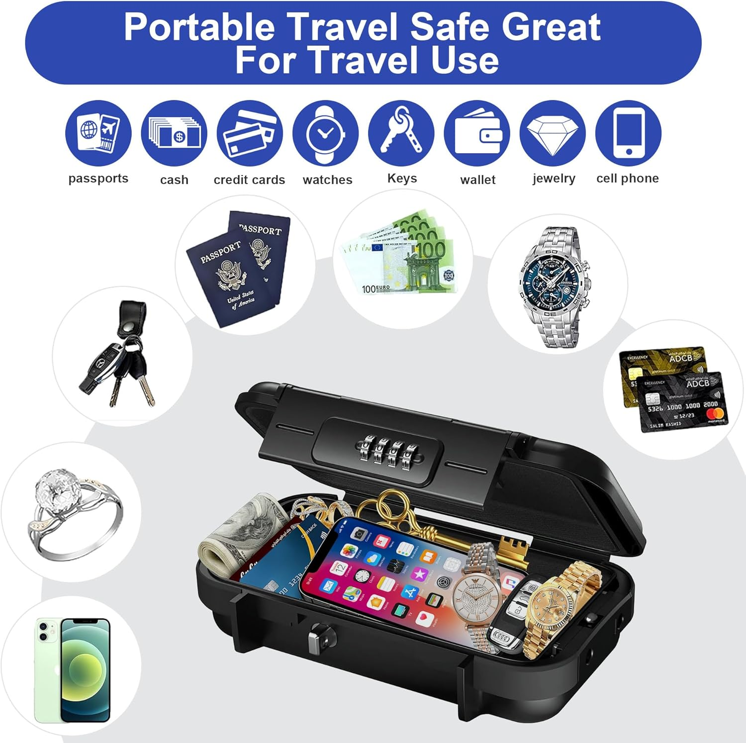 Aumerage Portable Safe Box, Combination Security Case Lockbox with Code, Waterproof Shockproof Travel Safe Lock Cash Box with Removable Wire Rope for Dorm, Travel, Beach, Hotel, Car, Home image number 6