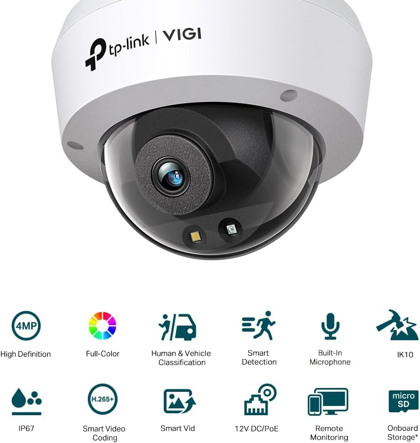 Tp-Link VIGI 4MP Full-Colour Dome Network Camera, 24H, Smart Detection, H.265+, Poe/ 12V DC, Two-Way Audio, Vandal-Proof, Waterproof, ONVIF Compatibility, SD Card Slot(Vigi C240(2.8Mm)) image number 3