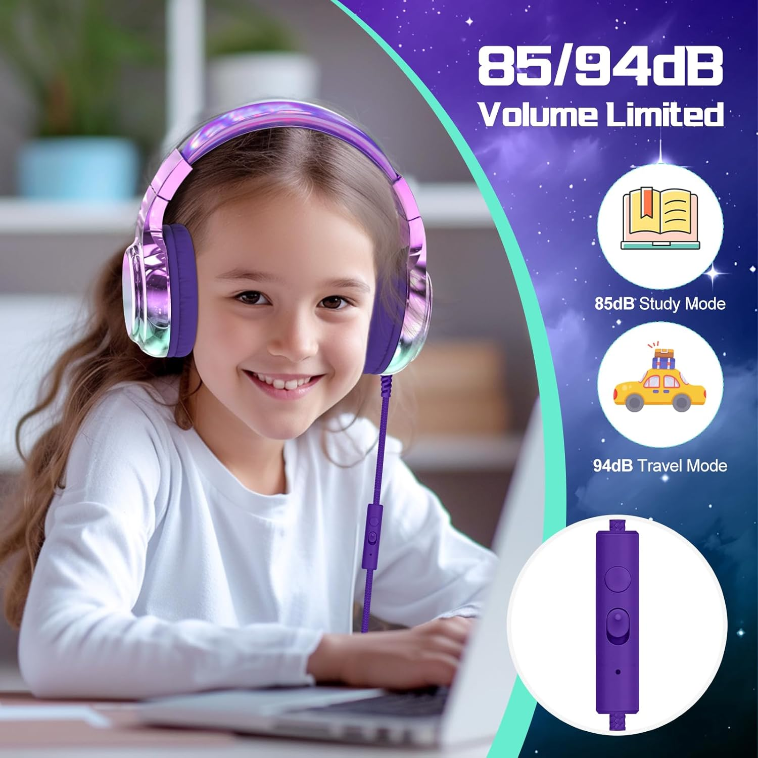 Qearfun Kids Headphones with Microphone, Wired, on Ear, Volume Limited to 85/94Db, Sharing Jack, Foldable, Deep Purple Aurora - Black image number 7