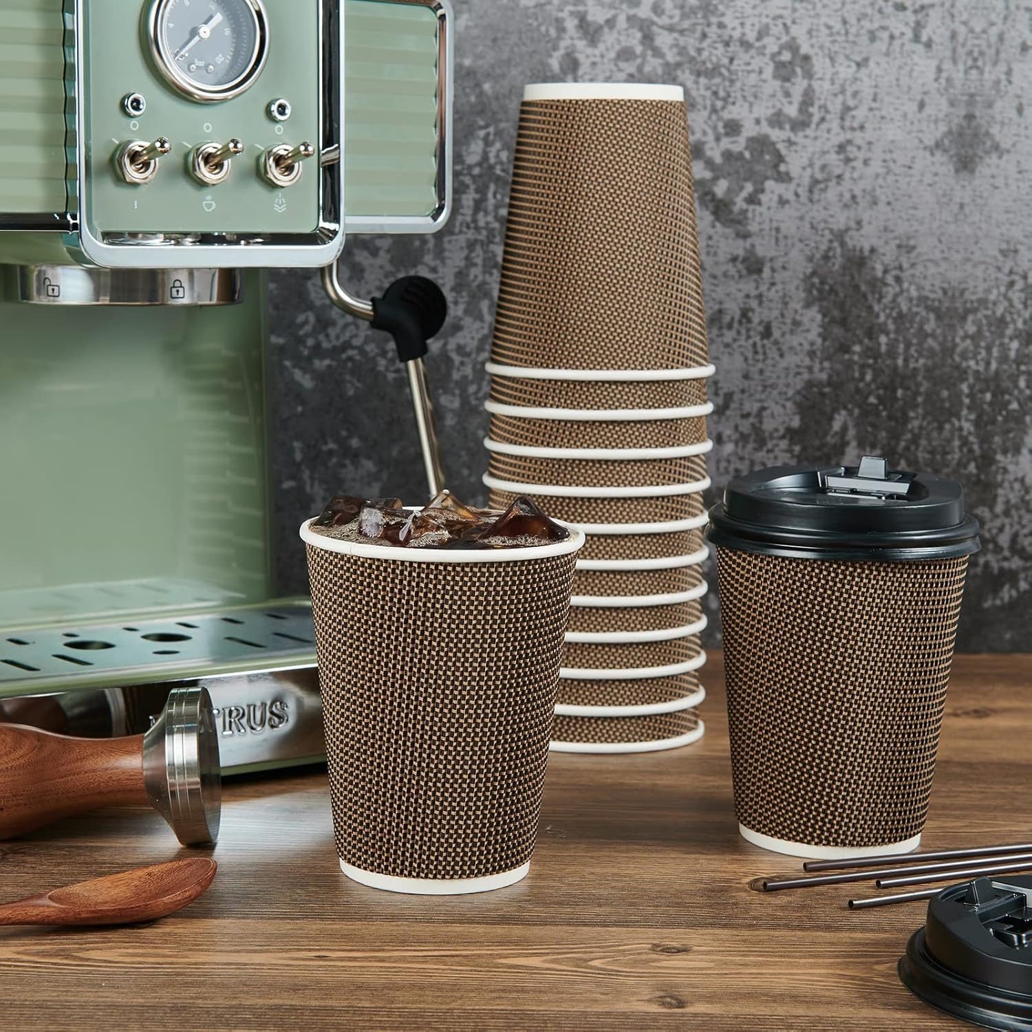 MOTYYA 12 Oz Paper Coffee Cups with Lid and Straws, Disposable Leakfree Anti-Slip Anti-Spill Insulated Triple Wall Togo Takeaway Paper Cups for Hot Cold Drink Chocolate Juice Tea [Black Lid, 50 Packs] image number 3