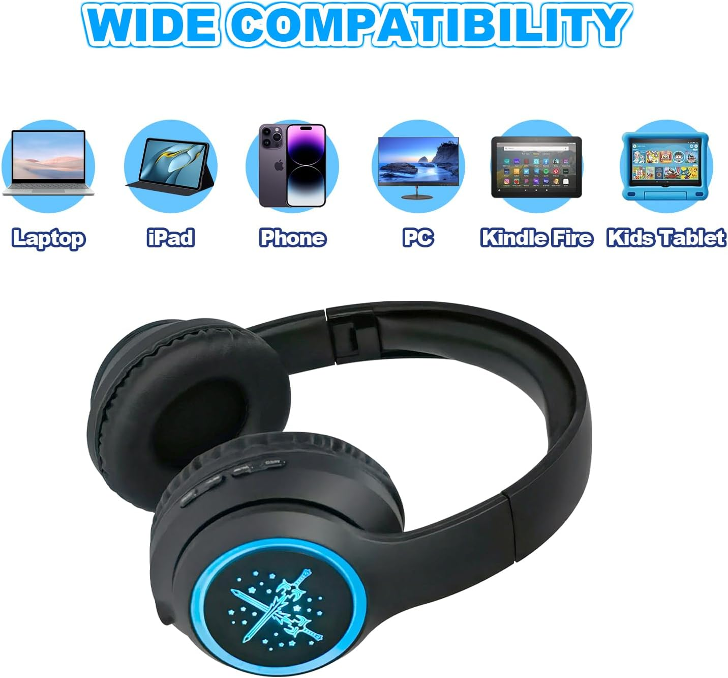 Hisonic Bluetooth Headphones Children, Bluetooth Headphones for Children with Volume Limit, Adjustable Children Adults Headset for Boys and Girls from 3 Years (LED Black) image number 2