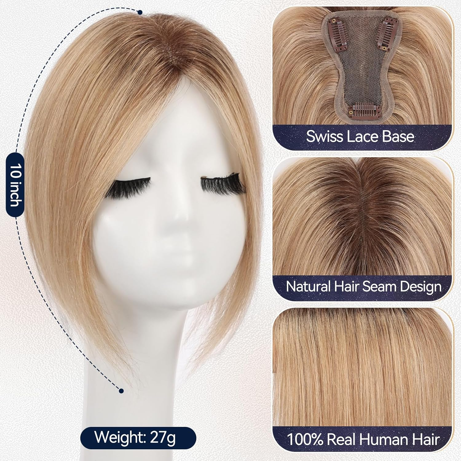 Starluck Real Human Hair Toppers for Women 10Inch-Suitable for Thinning Hair No Bangs 3 * 4.5Inches Swiss Base Hand-Tied & 3 Secure Clips(4T10/16#) - Ash Blonde image number 3