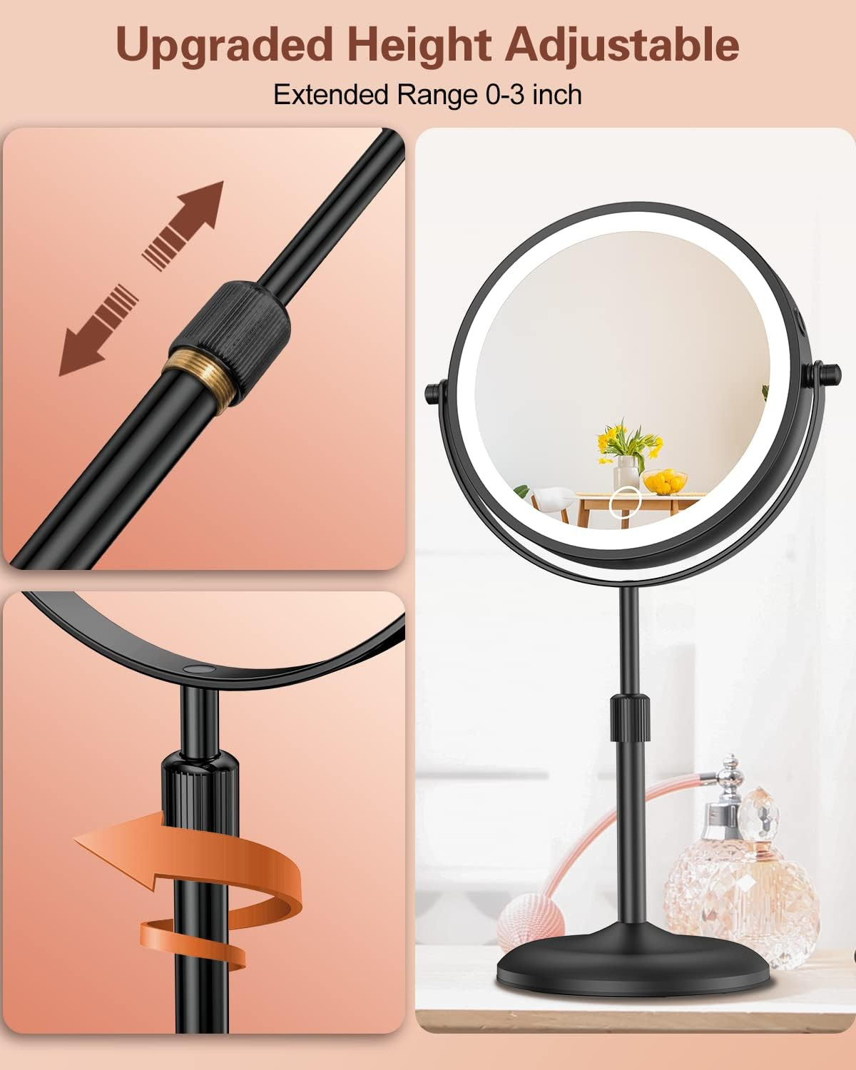 Benbilry Lighted Makeup Mirror with Adjustable Stand, [3 Color Dimmable Lights & 1X/10X Magnification & Type-C Rechargeable] 7" Double Sided Vanity Mirror, 360&deg; Swivel Cordless Standing Mirror Black - Gold image number 6