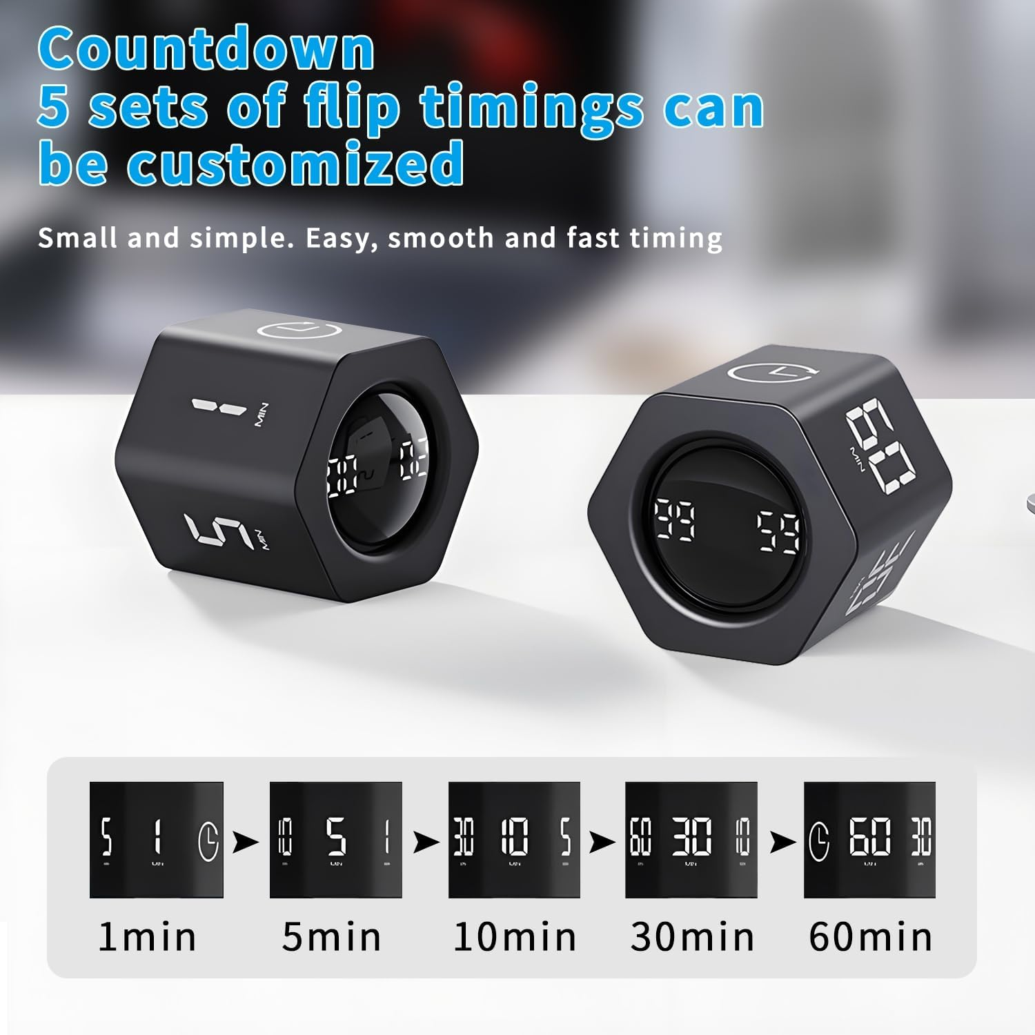 QUMOX F6 Pomodoro Timer Cube, Hexagon Productivity Gravity Timer, Flip Clock, Silent, Vibrate & Sound Alarm Ideal for Work, Office, ADHD, Study, and Tasks - 1/5/10/30/60 Min & Stopwatch Mode - Black image number 5