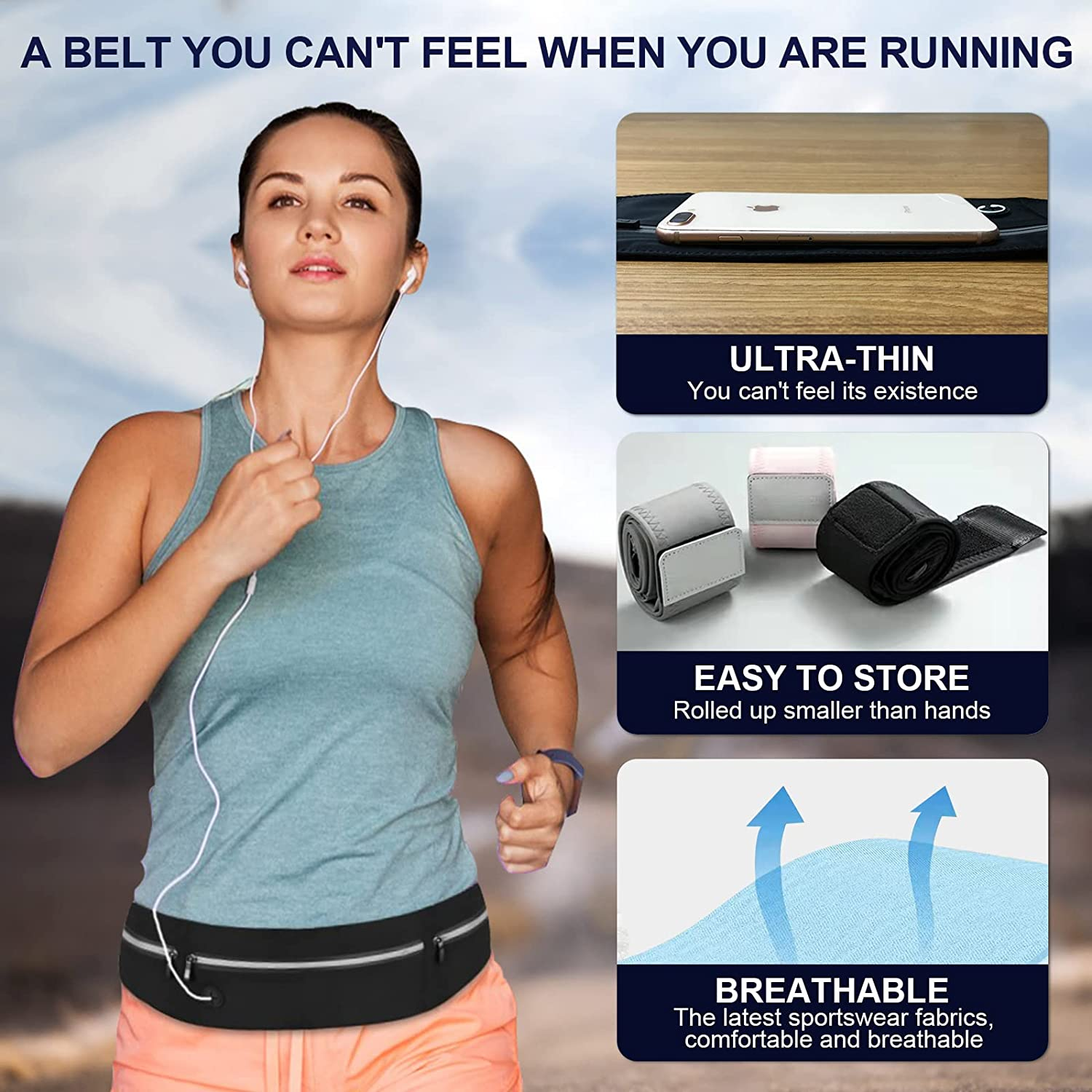 Running Belt for Men and Women, Waist Pouch Belt, Water Resistant Fanny Pack, Reflective Strips Fits Large Phone for Running, Hiking and Cycling image number 2