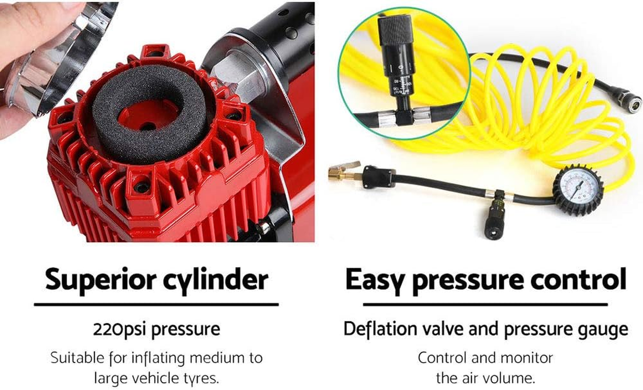 Giantz 12V Air Compressor, Portable Car Tyre Deflator Inflator Pump Electric Airbrush Compressors Automotive Tools 4X4 4Wd Equipment, with Pressure Gauge Power Bank 2 Cylinders 320L/MIN