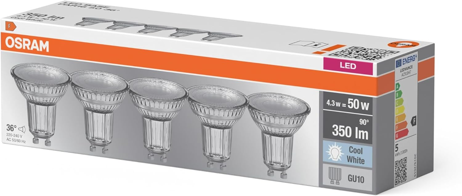 OSRAM LED Base LED Lamp with GU10 Base, 4.3 W, 350 Lumens, Cool White Light at 4000 K, 50 Mm Diameter, EEK F, Clear Lead-Free Glass, Shock and Vibration Resistant, Ideal for Spot Lighting image number 2