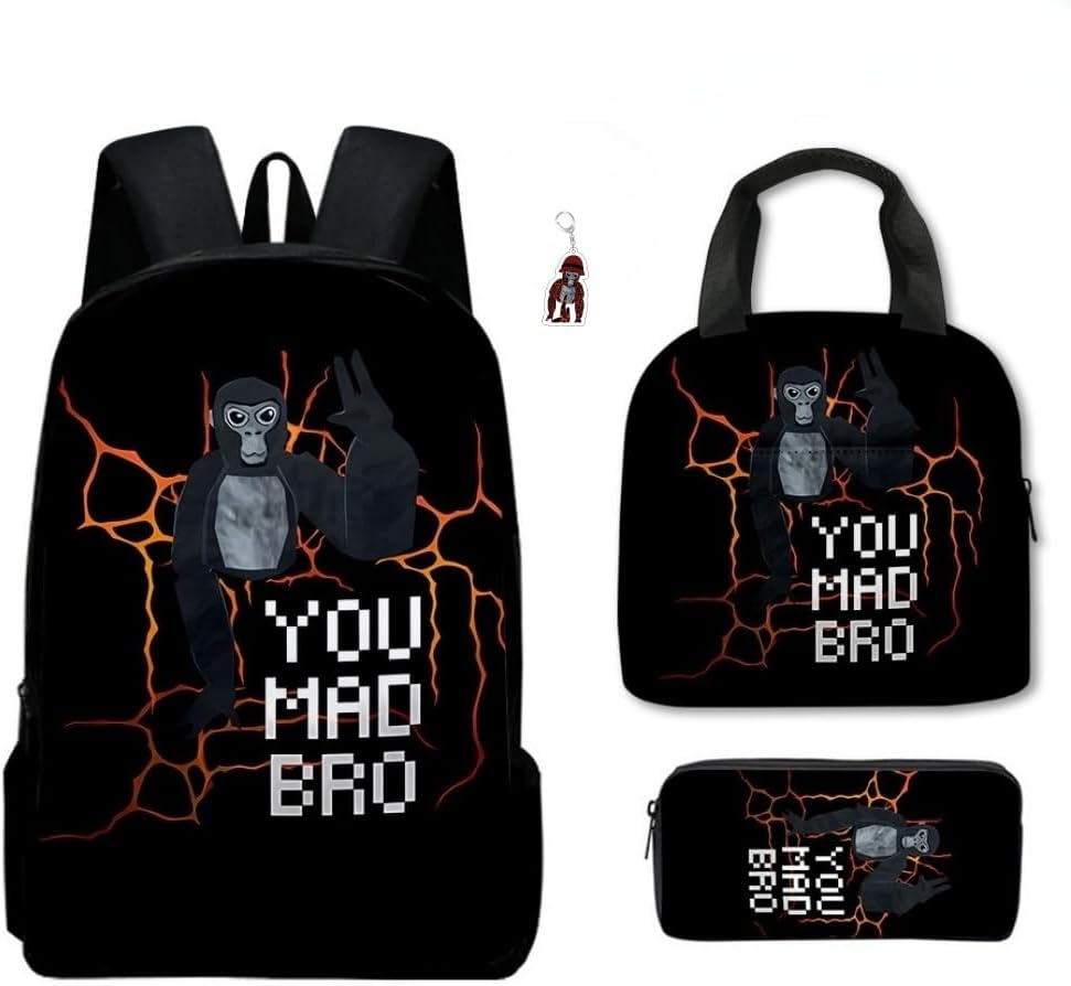 3Pcs Anime Gorilla Backpack Set,16In 3D Printed Cartoon School Bags for Elementary and Middle School Students and Game Fans Teens Birthday Gift.