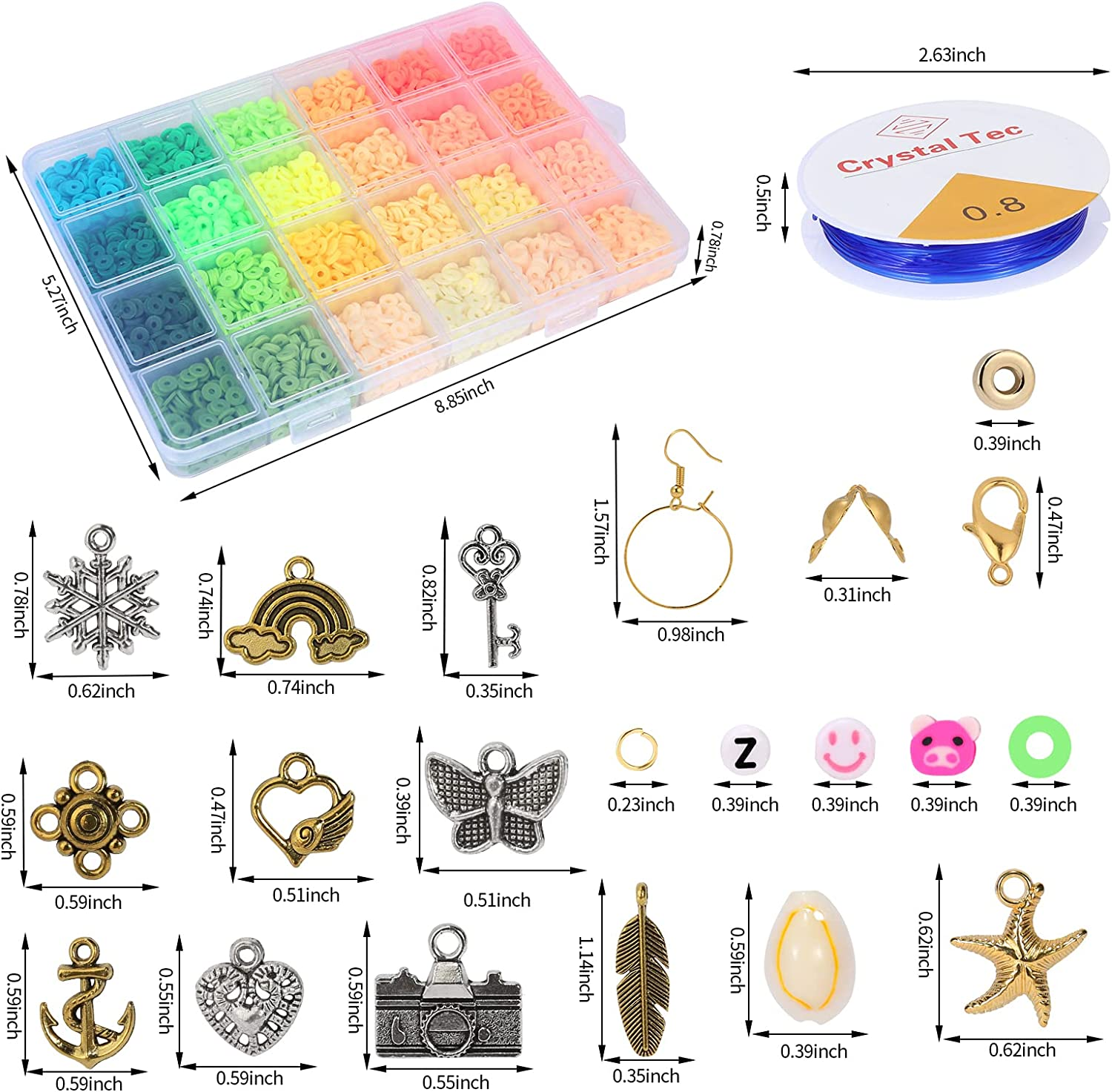 Clay Beads for Jewelry Bracelet Necklace Making Kit, Coxedafi 13600 Pcs Flat round Polymer Clay Beads with Elastic Strings Pendant Charms Kit image number 4