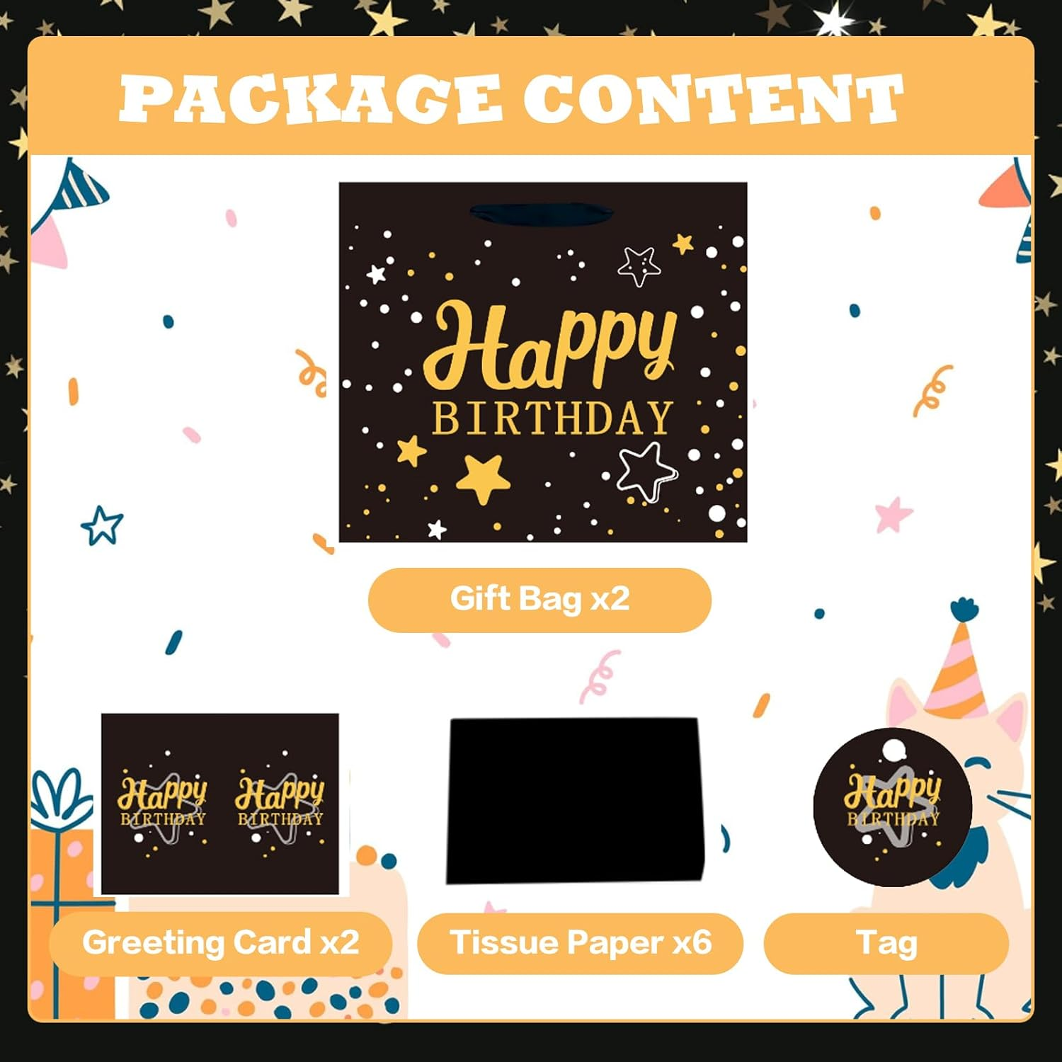 2PCS 13" Large Happy Birthday Gift Bag Set with Greeting Card, Tissue Papers, Party Favor Bag Set Supplies with Letter Gold Stars Pattern, Black Package for Men, Girls and Kid (Black Gold Stars Theme)