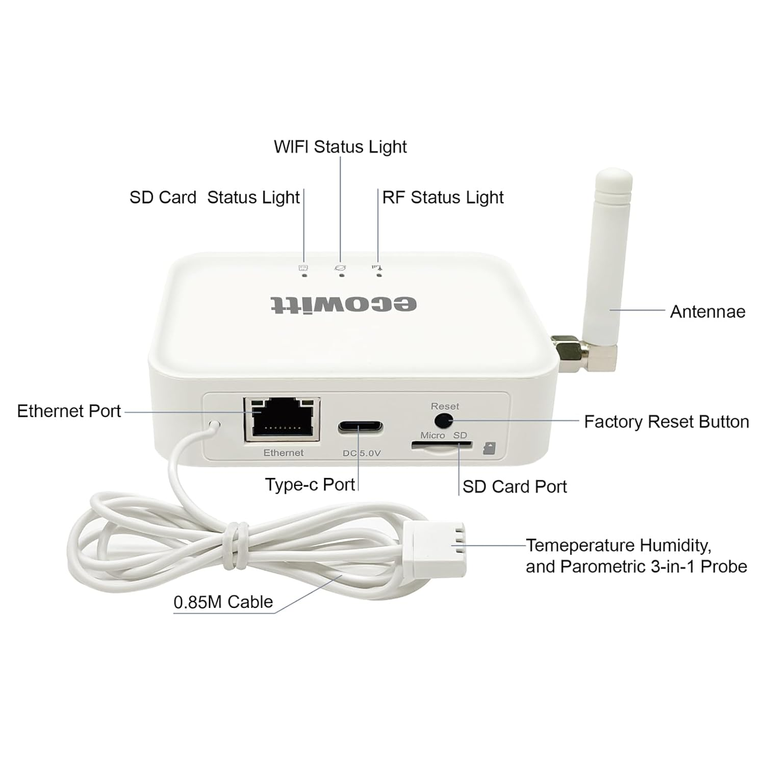 Ecowitt GW3000 Wi-Fi & Ethernet Weather Station Gateway, with Built-In Temperature, Humidity and Barometric Sensors with SD Card Port,433 Mhz image number 4
