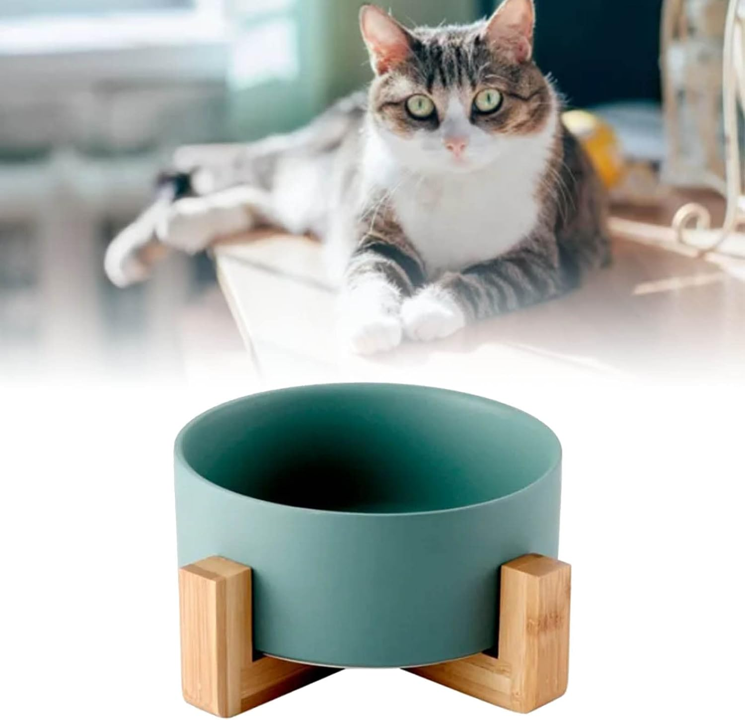 Ceramic Dog Cat Bowl, Multipurpose Large Capacity Pet Bowl with Wooden Stand for Cats Dogs Pets, Neck Guard Pet Feeding Bowl Pet Dish for Food Water Feeding image number 1