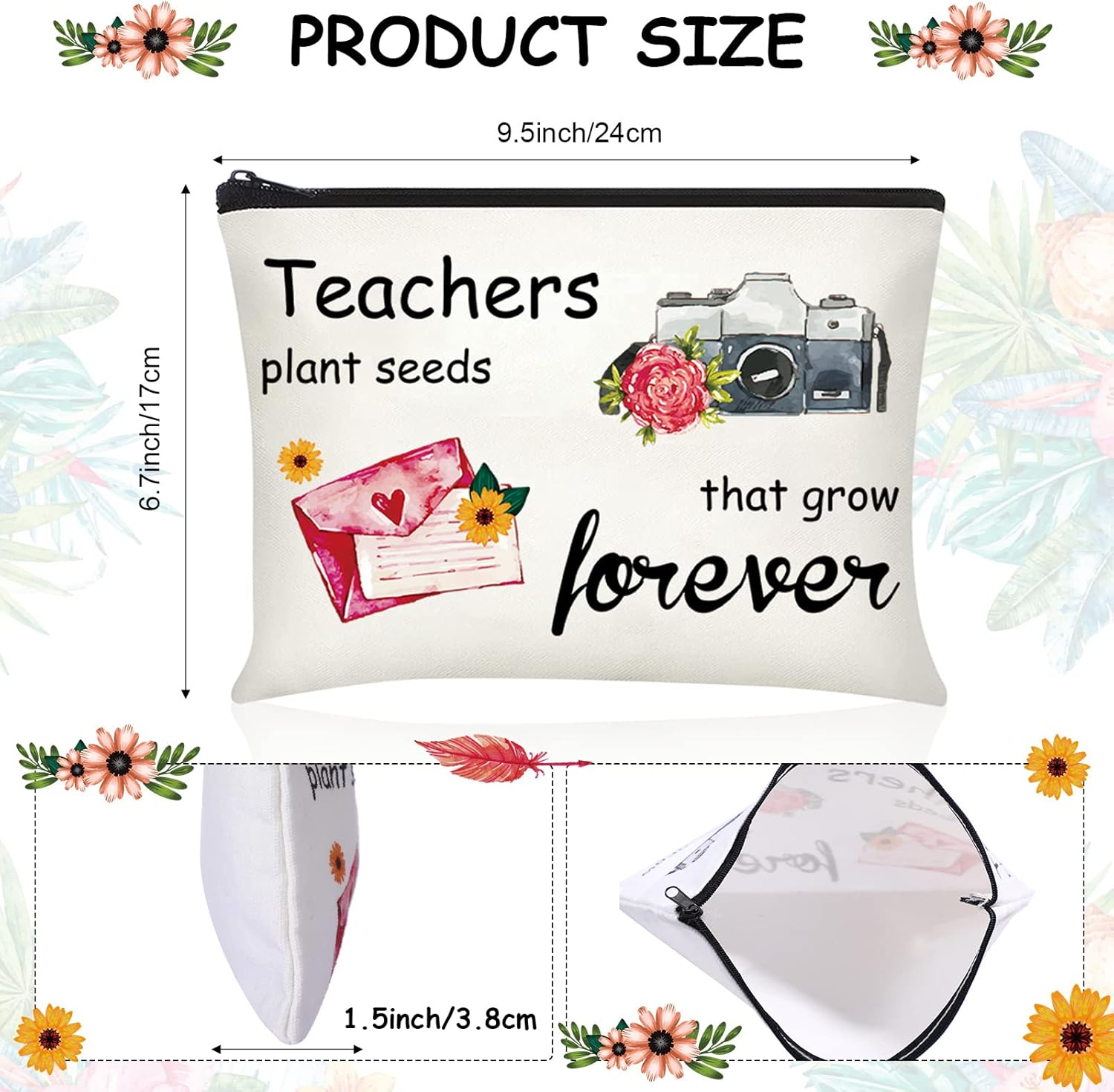 Buryeah 6 Pcs Teacher Appreciation Gifts Teacher Canvas Cosmetic Makeup Bags Toiletry Bag with Zipper for Travel Holiday Bulk(Retro) image number 4