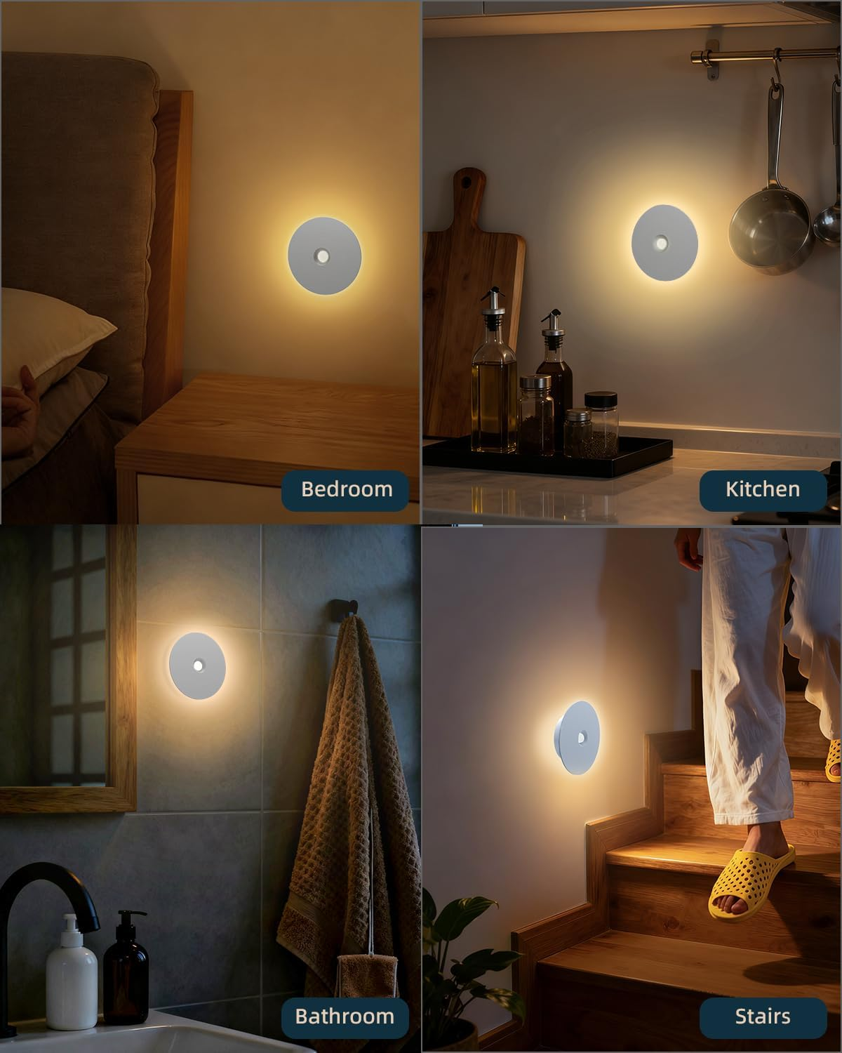 Yiliaw Motion Sensor Night Light, Rechargeable Stair Lights Indoor, Warm White with Wireless Magnetic Mount, Adjustable Brightness & 3 Color Temps for Hallway, Stairway, Bathroom, Closet (2 Pack) image number 2