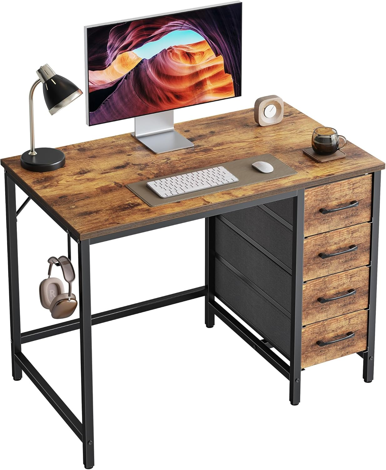 Cubicubi 40 Inch Computer Reversible Desk with 4 Storage Drawers, Small Home Office Kids Student Studying Table for Bedroom, Rustic Brown image number 2