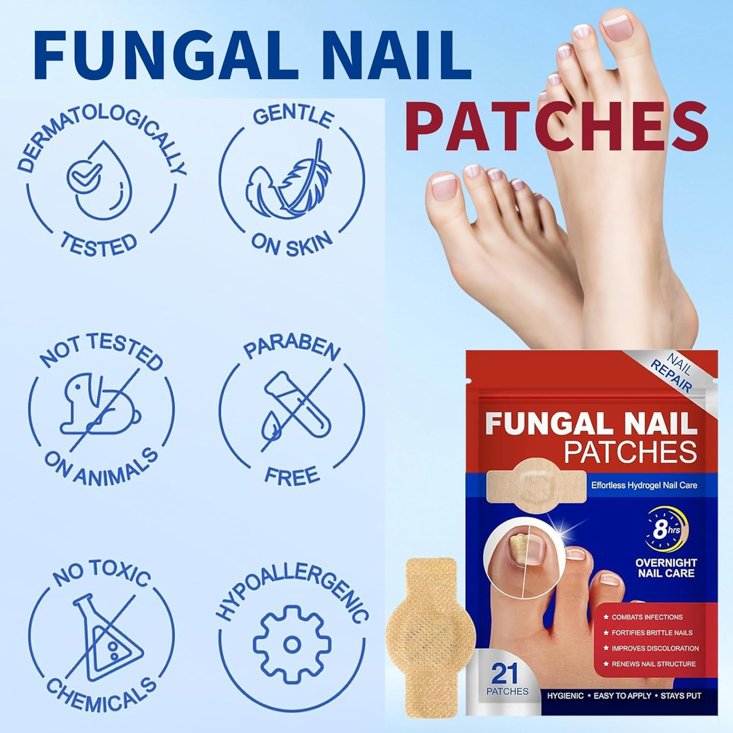 21 Pcs Toenail Fungus Treatment Patches, Extra Strength Nail Repair for Toenails & Fingernails, Nail Repair for Damaged, Discolored Nails, 8-Hour Overnight Nail Fast Acting Repair for Men and Women image number 3