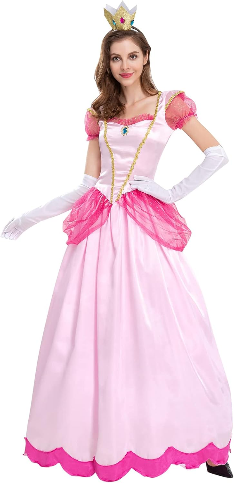 AFAVOM Princess Peach Costume with Crown and Gloves for Adult Women Halloween Birthday Party Dress up Fancy Cosplay Outfit image number 2