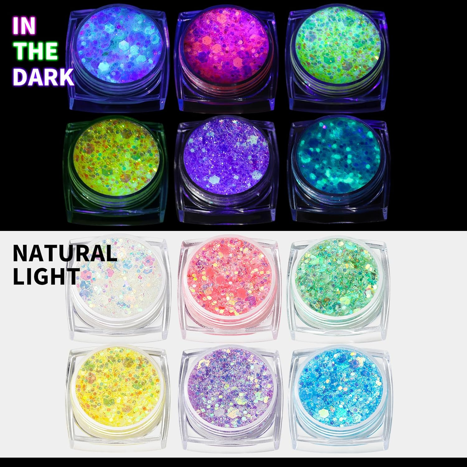 Teenitor 6 Colors Glow in the Dark Glitter Gel, Face Glitter Gel, Body Glitter Hair Glitter for Halloween Makeup UV Black Light Party Cheer Raves Festivals image number 4