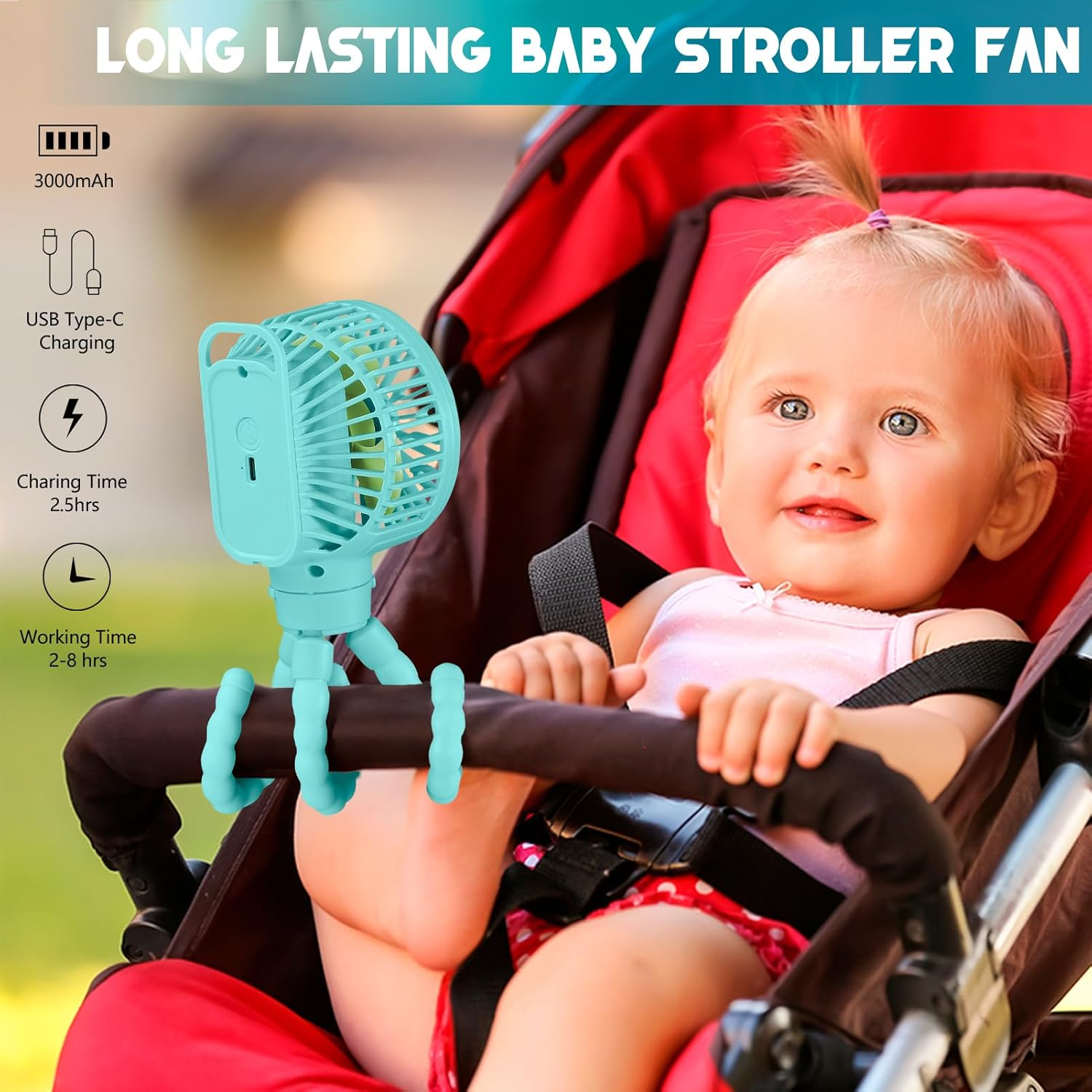 Snawowo Mini Portable Stroller Fan, Battery Operated Personal Small Handheld Fan with Flexible Tripod, 3 Speed Rechargeable Clip on Fan for Car Seat Crib Treadmill Travel Camping Blue image number 3