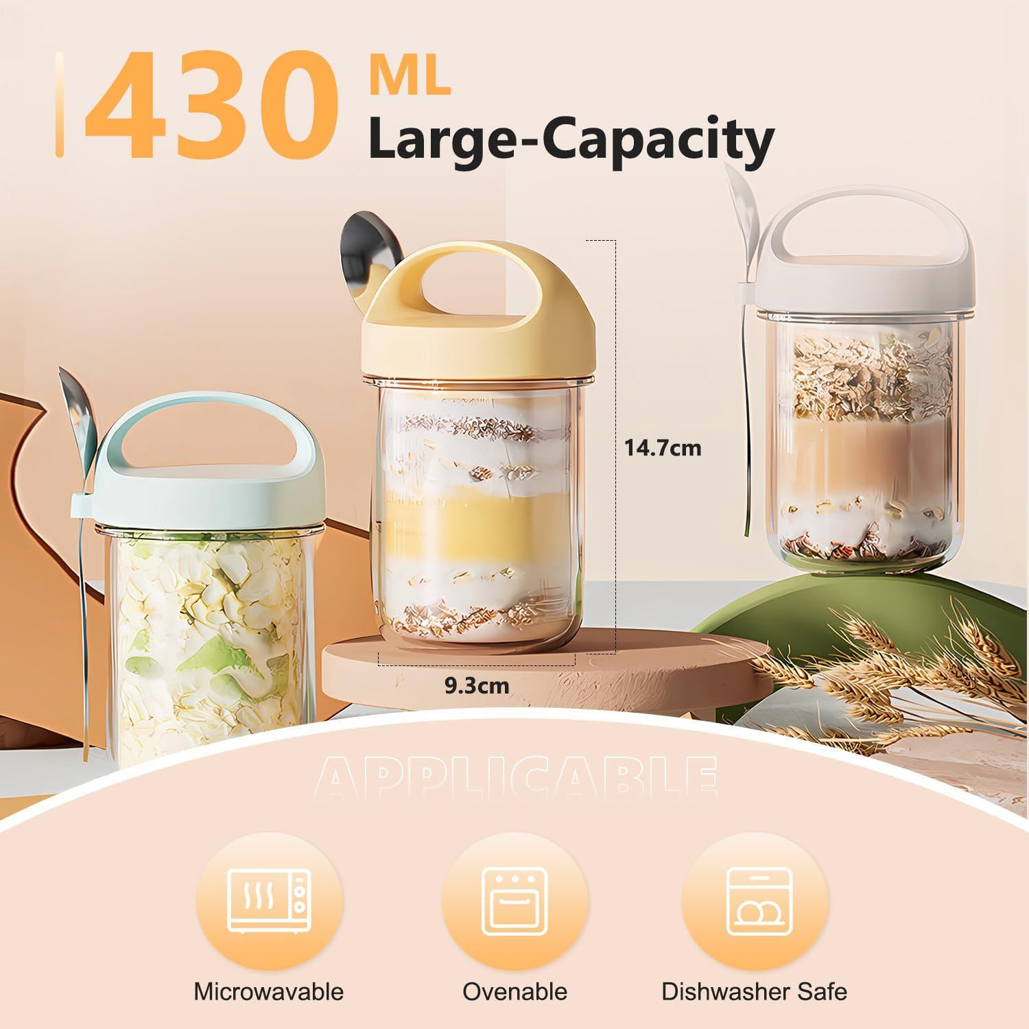 14.5 Oz Overnight Oats Containers with Spoon 3 Pack, Handle Lid Easy to Carry, Glass Mason Jars Large Capacity with Airtight Lid for Overnight Meals, Reuseable Container (3) Lovernight Oats Jar Glass