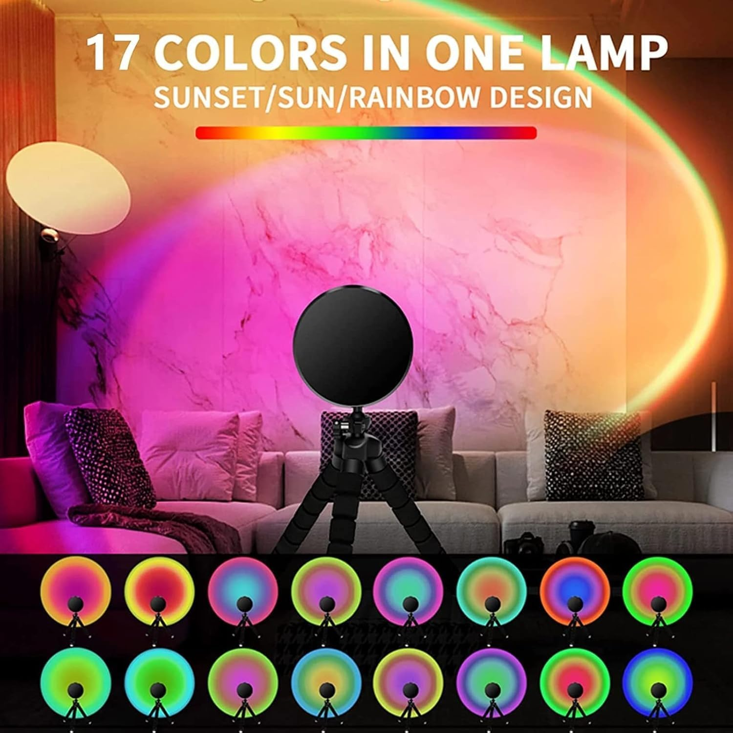 Sunset Lamp, [17 Colors-In-1] Sunset Projection Lamp, 360&deg; Rotation Sunset Projector Lamp Romantic Visual LED Projector Light for Photography Vlog, Background Party, Bedroom Decor and Festival Gift image number 5