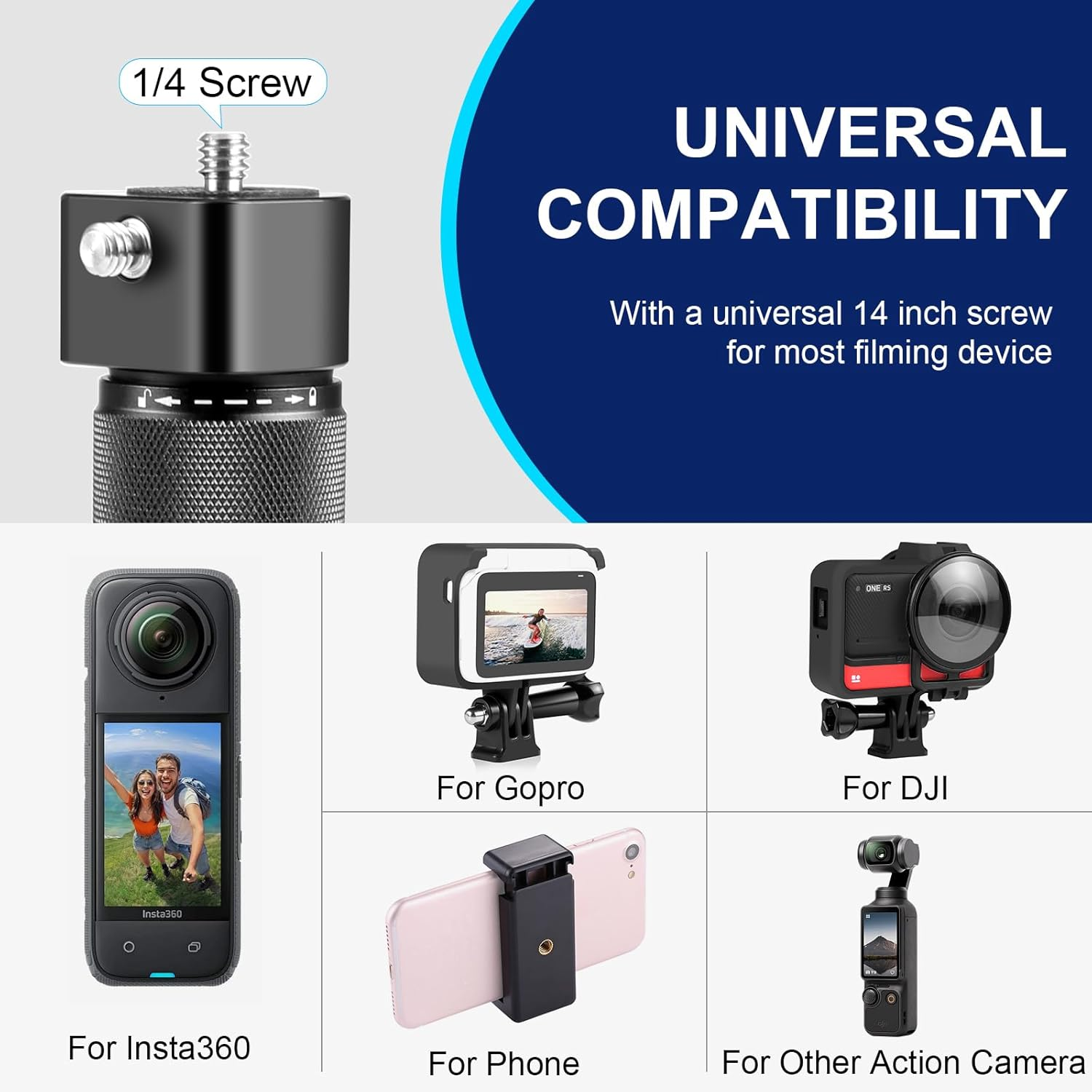 PULUZ Insta 360 Bullet Time Handle for Insta360 X3 X4 X5 ONE X2, Mini Tripod Stand with Daul 1/4 Screws for Gopro Hero 12 11 10 9 8 7 6 5 for DJI Osmo Action 3 4 5 Pro, Osmo 360 - Support14 image number 5