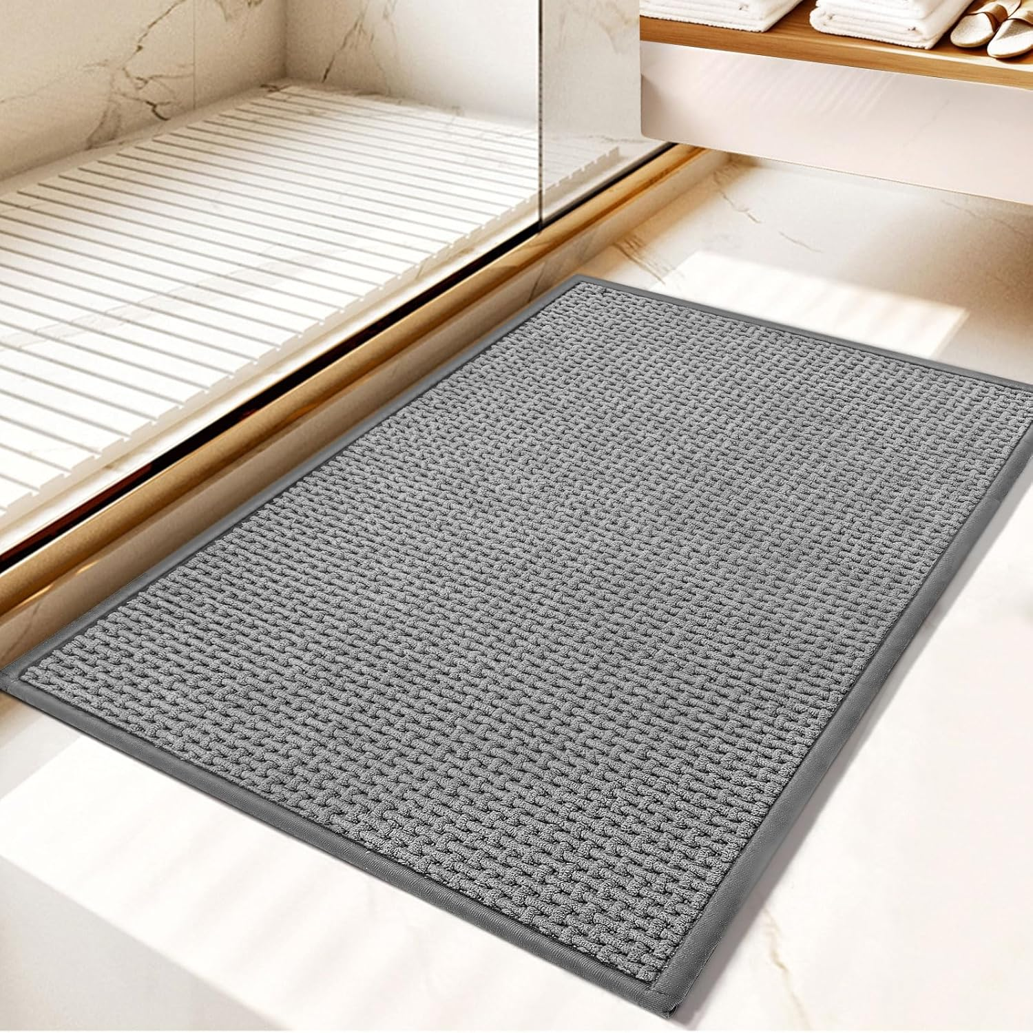 MOSISO Chenille Bathroom Rugs, 20 Inch X 32 Inch Non Slip Plush Shaggy Bath Carpet, Extra Soft and Absorbent Waffle Bath Mat for Bathroom Floor, Tub and Shower, Sink, Vanity, Grey