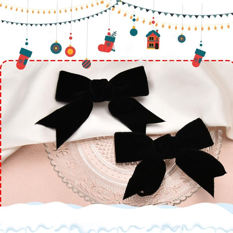 Black Bows for Hair Velvet Bow Hair Clips for Teen Girls Ribbon Hair Bow Barrettes Black Velvet Bowknot Hair Accessories for Toddlers Hairpins Handmade Alligator Clip Christmas Xmas Gifts - Green image number 5