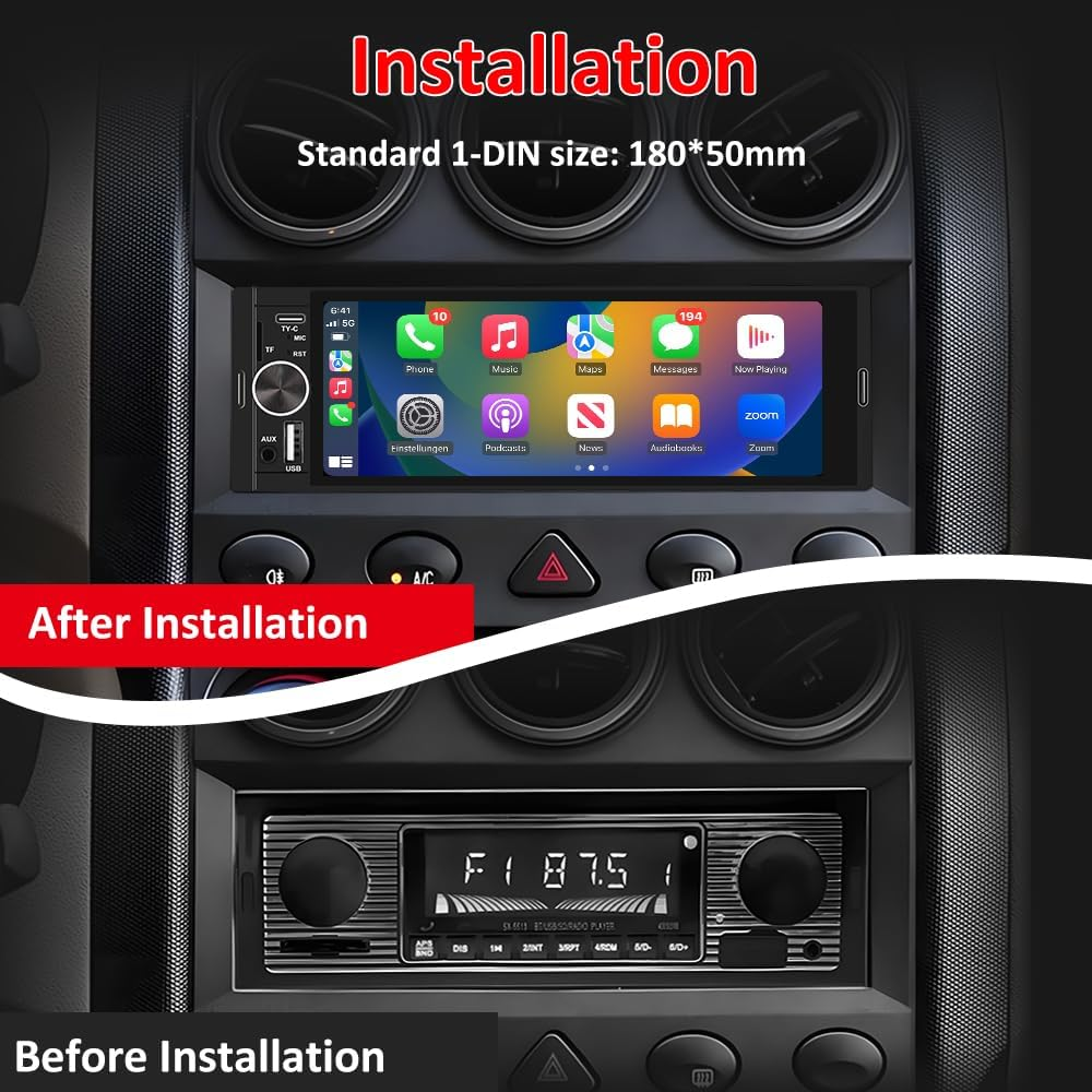 Junsun Single DIN Car Stereo with Carplay and Android Auto, Radio 1 Din with Reversing Camera FM Type-C Port Function