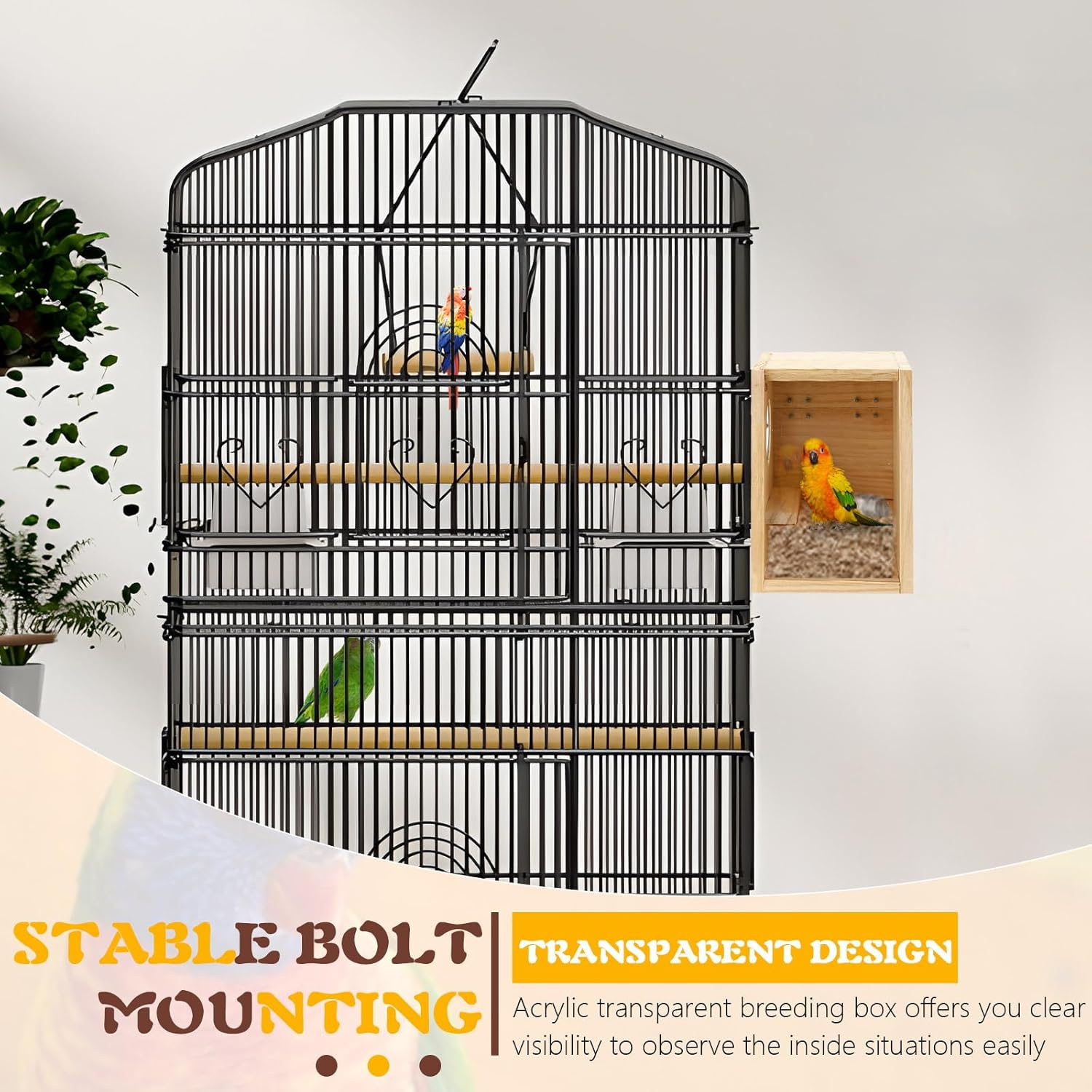 2 Pack Wood Bird Nest Box, Parakeet Nesting Box, Bird Nest Breeding Box Transparent, Bird House for Cage, Wood Breeding Box for Lovebirds, Cockatiel, Budgie image number 1