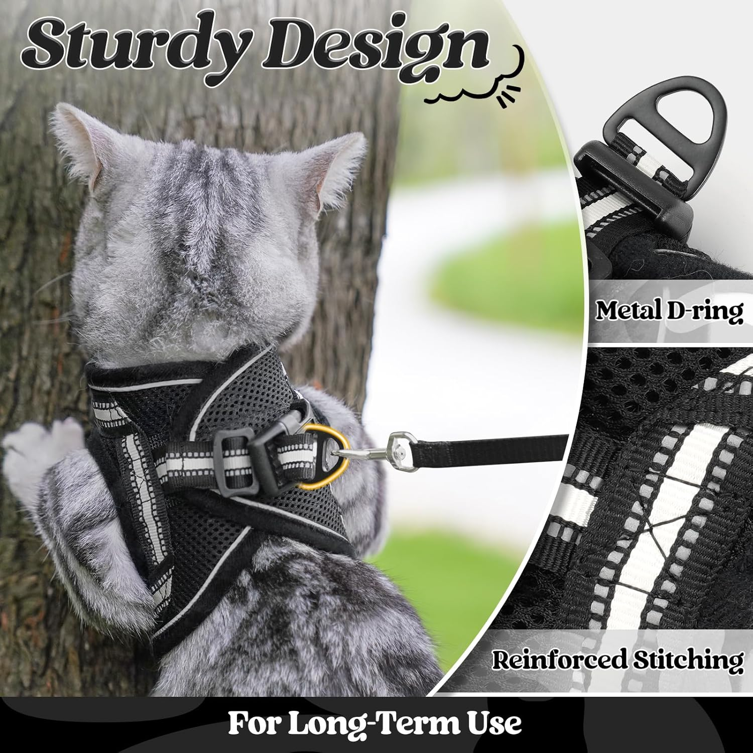 Rabbitgoo Cat Harness and Leash Set for Walking Escape Proof, Adjustable Soft Kitten Vest Harness with Reflective Strip for Cats, Step-In Comfortable Mesh Paded Outdoor Pet Harness, Black, M image number 4